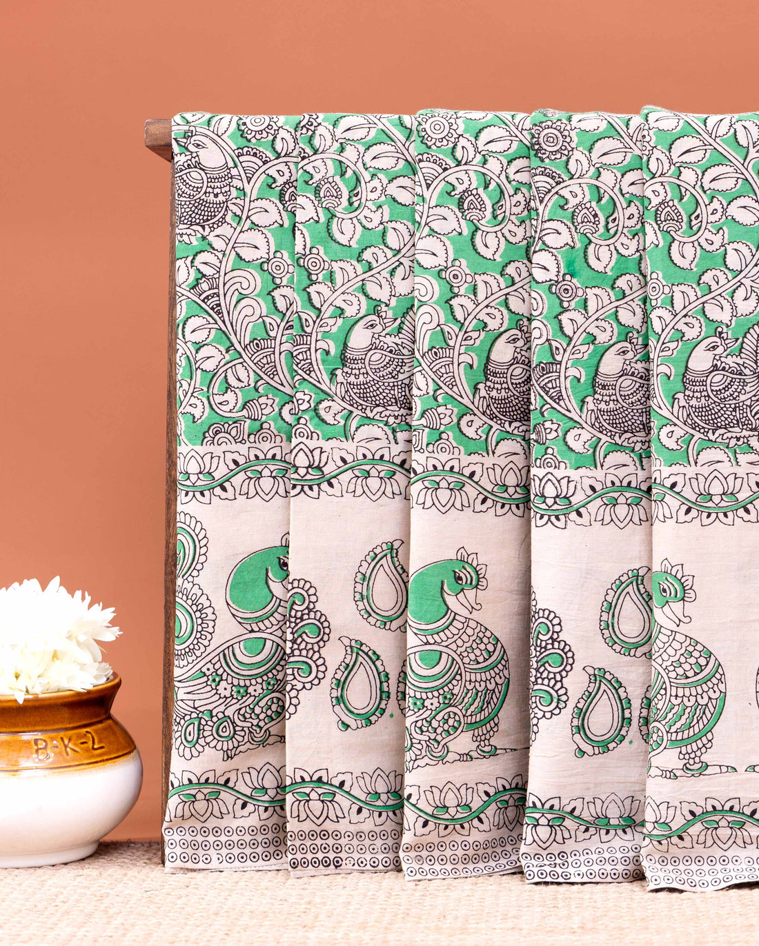 Handblock Printed Kalamkari Cotton Saree with Traditional Peacock & Floral Motifs - Green