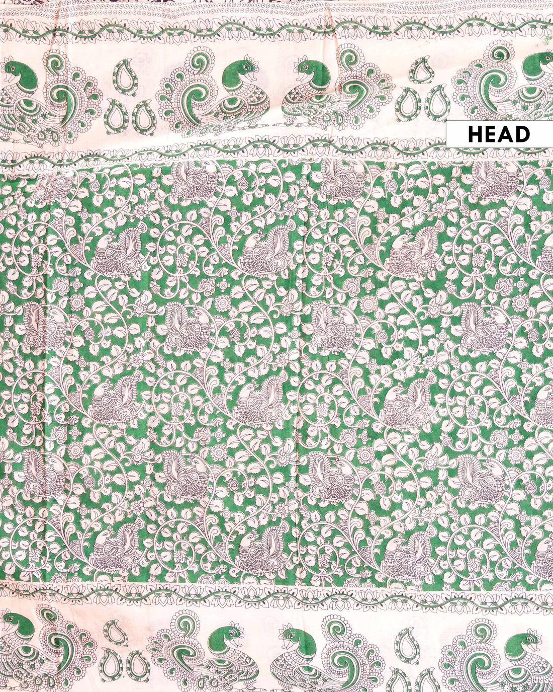 Handblock Printed Kalamkari Cotton Saree with Traditional Peacock and Floral Motifs - Green