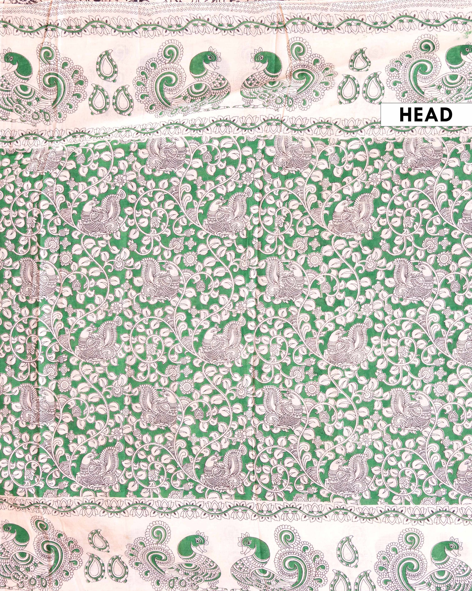 Handblock Printed Kalamkari Cotton Saree with Traditional Peacock and Floral Motifs - Green