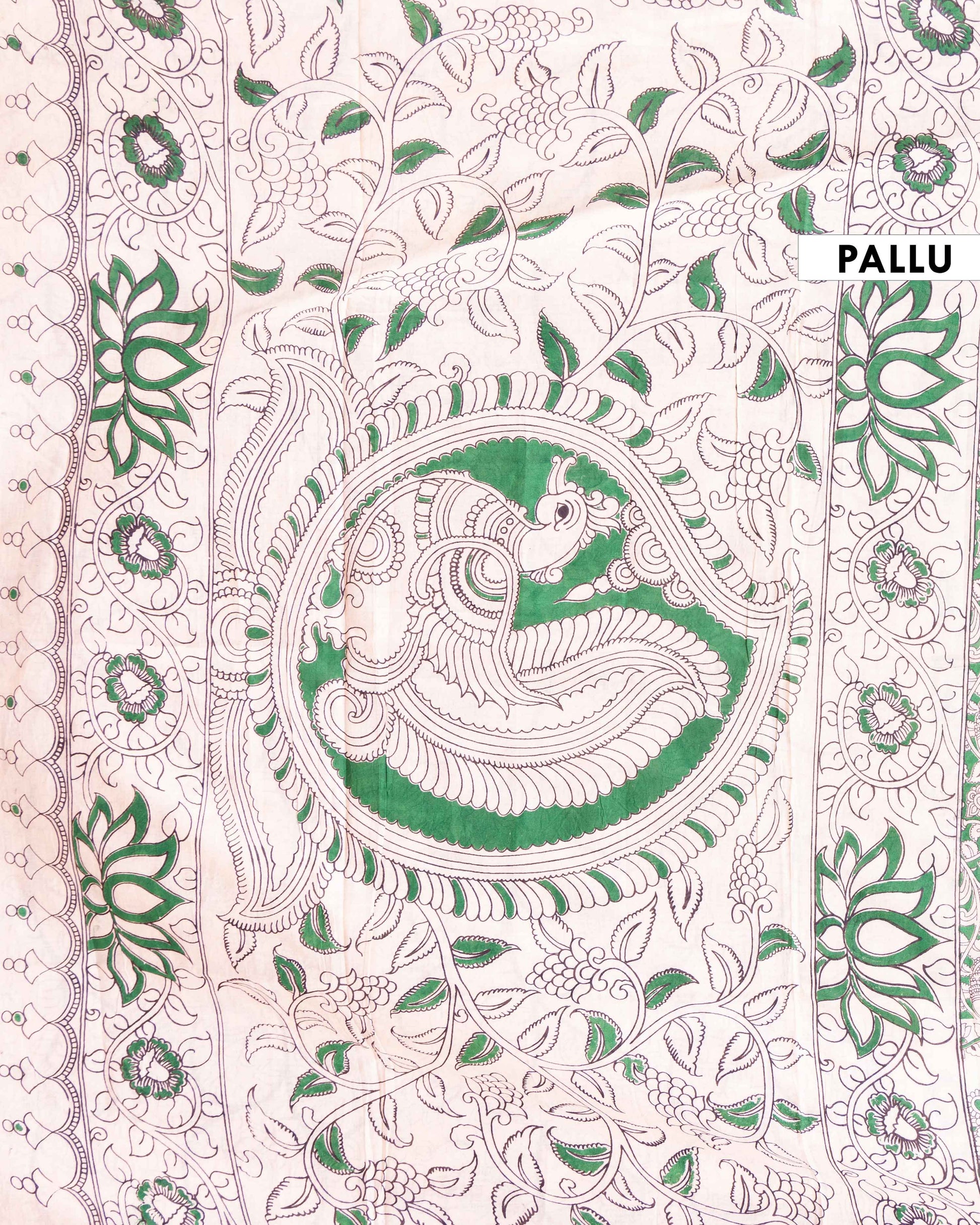 Handblock Printed Kalamkari Cotton Saree with Traditional Peacock and Floral Motifs - Green