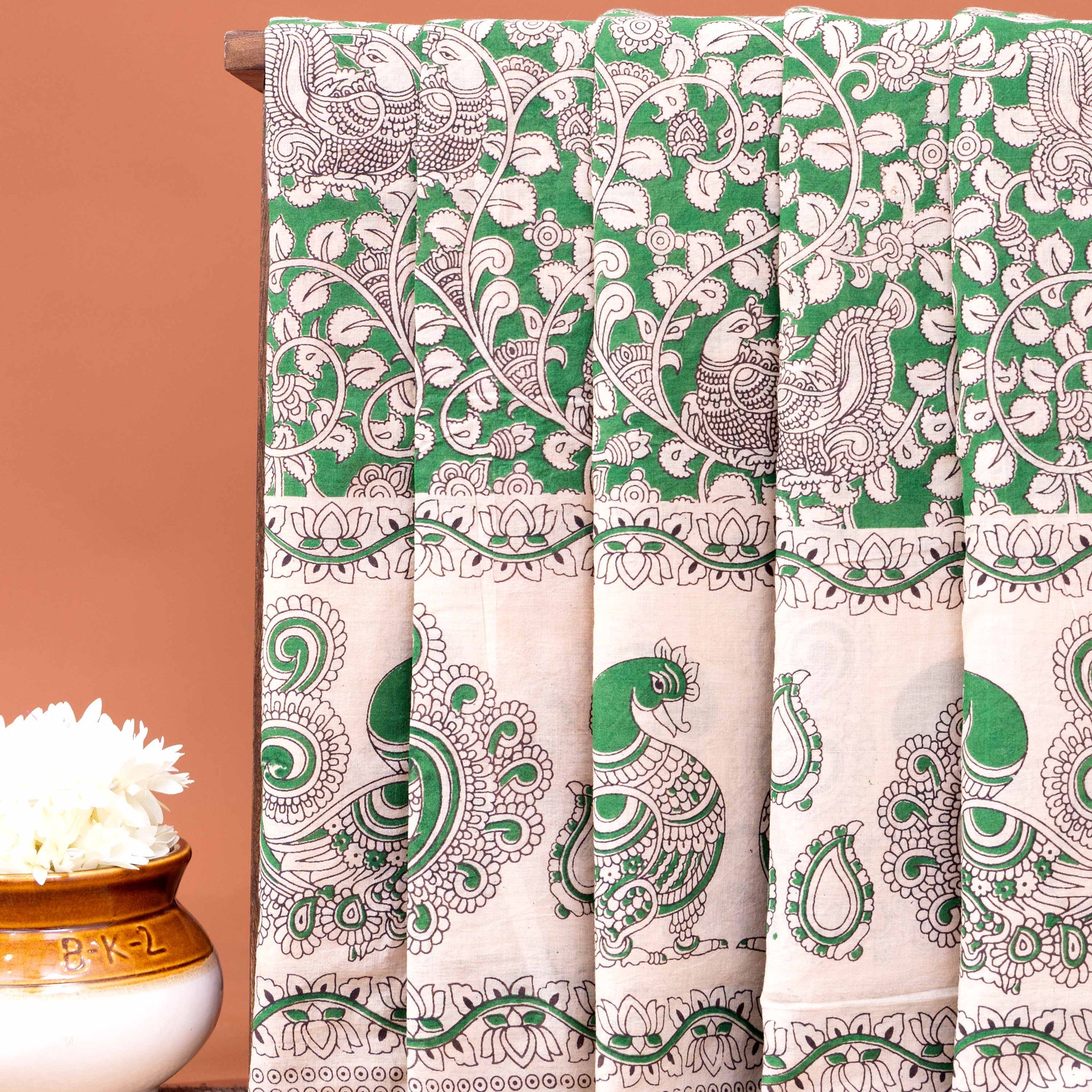 Handblock Printed Kalamkari Cotton Saree with Traditional Peacock and Floral Motifs - Green