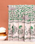 Handblock Printed Kalamkari Cotton Saree with Traditional Peacock and Floral Motifs - Green