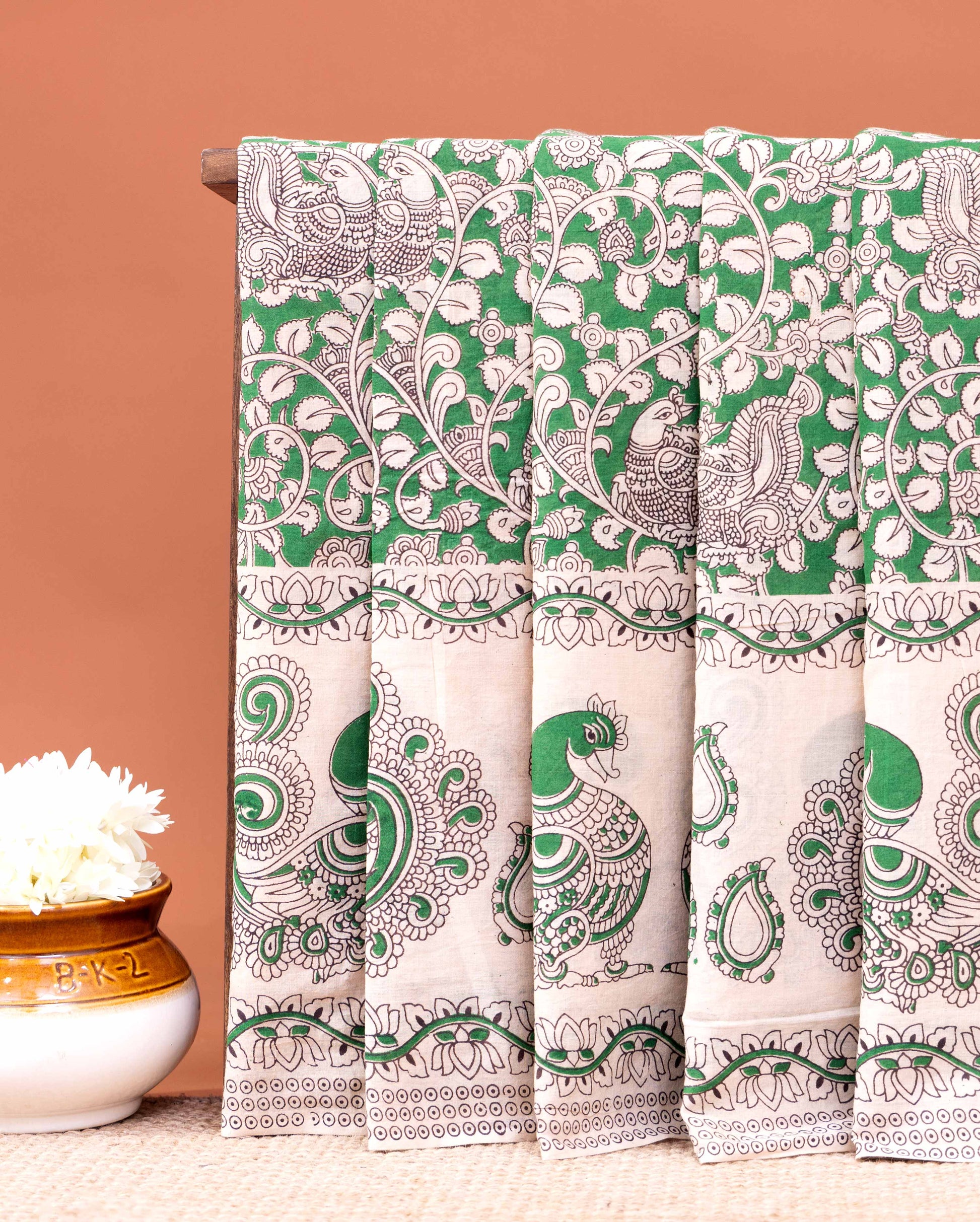 Handblock Printed Kalamkari Cotton Saree with Traditional Peacock and Floral Motifs - Green