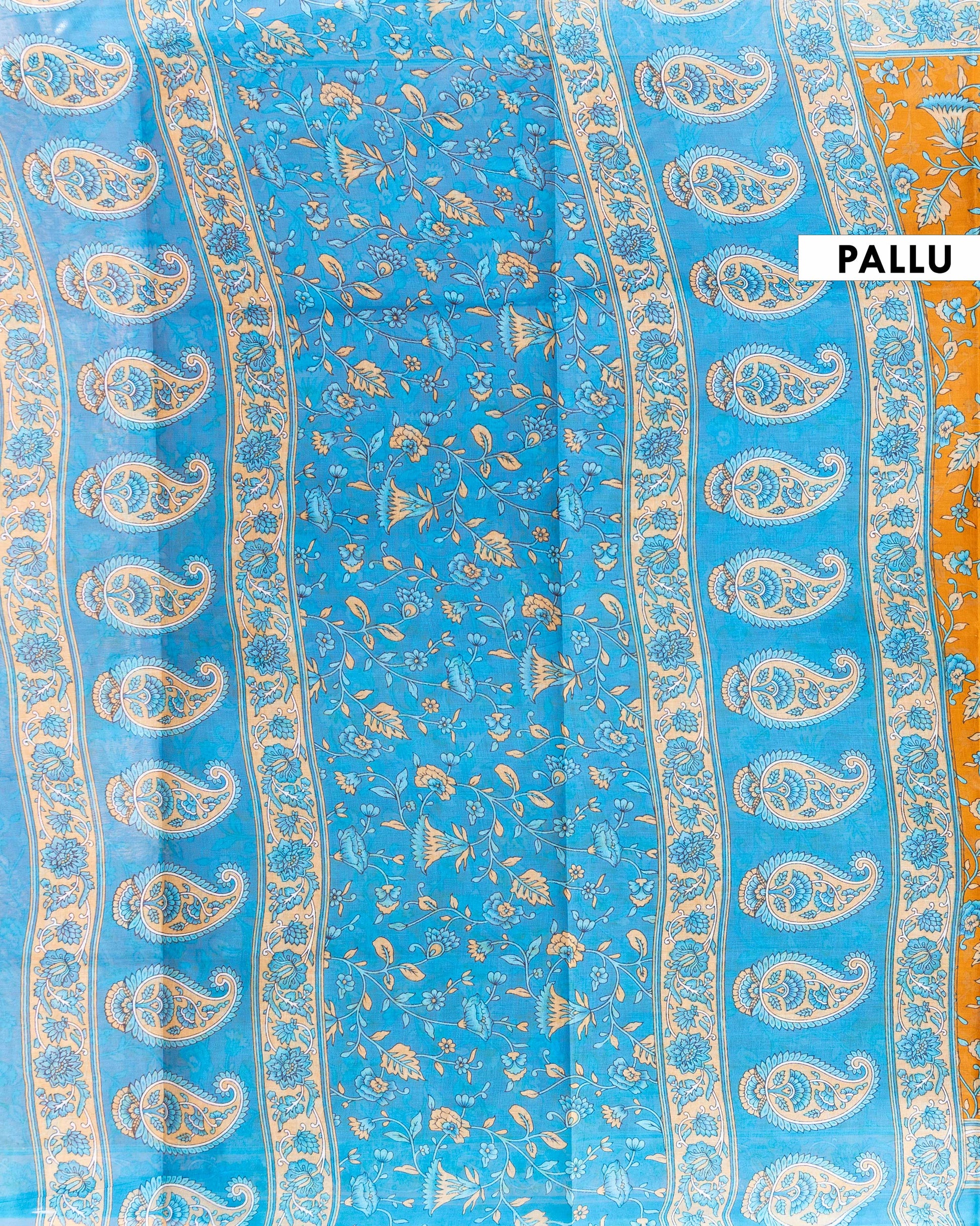 Handblock Printed Voile Cotton Saree with Floral Motifs and Contrast Border - Yellow