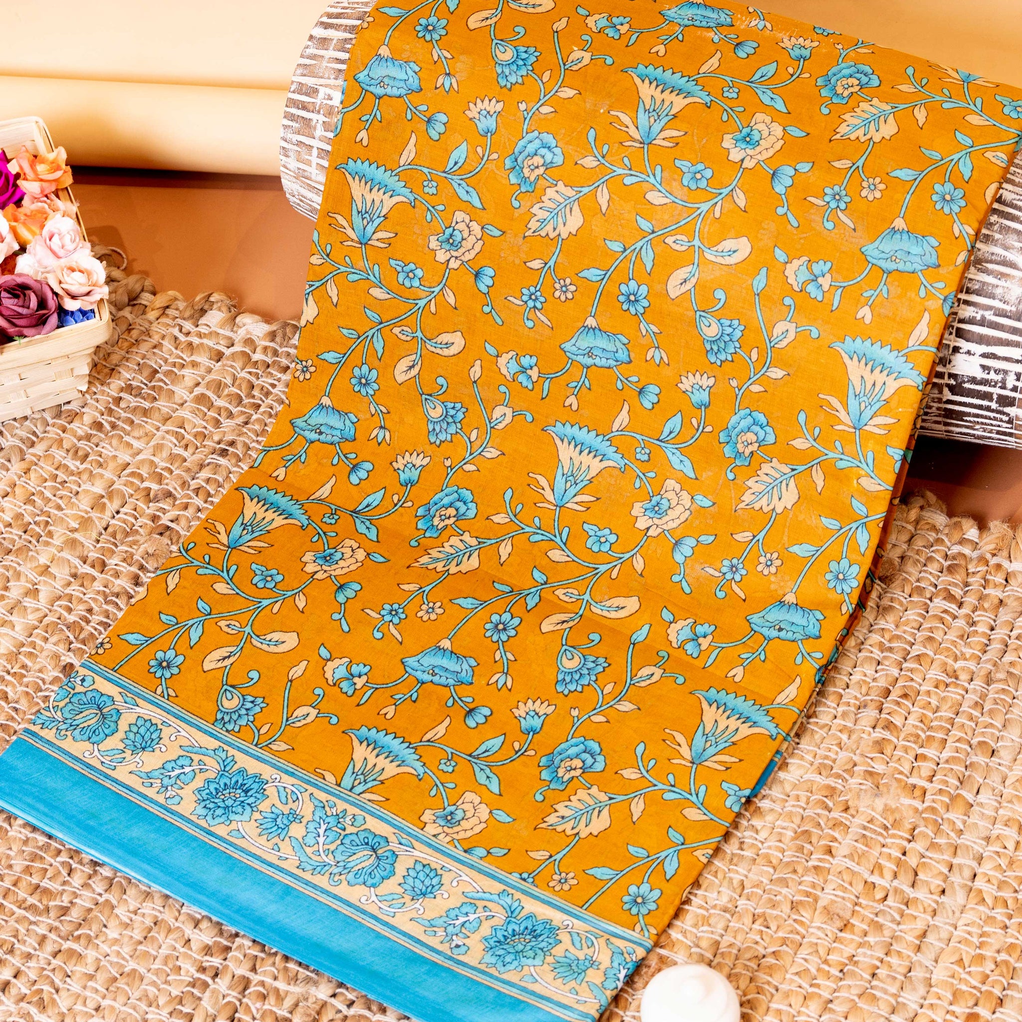 Handblock Printed Voile Cotton Saree with Floral Motifs and Contrast Border - Yellow