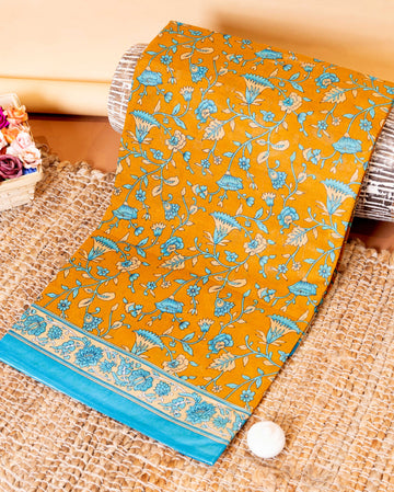 Handblock Printed Voile Cotton Saree with Floral Motifs and Contrast Border - Yellow