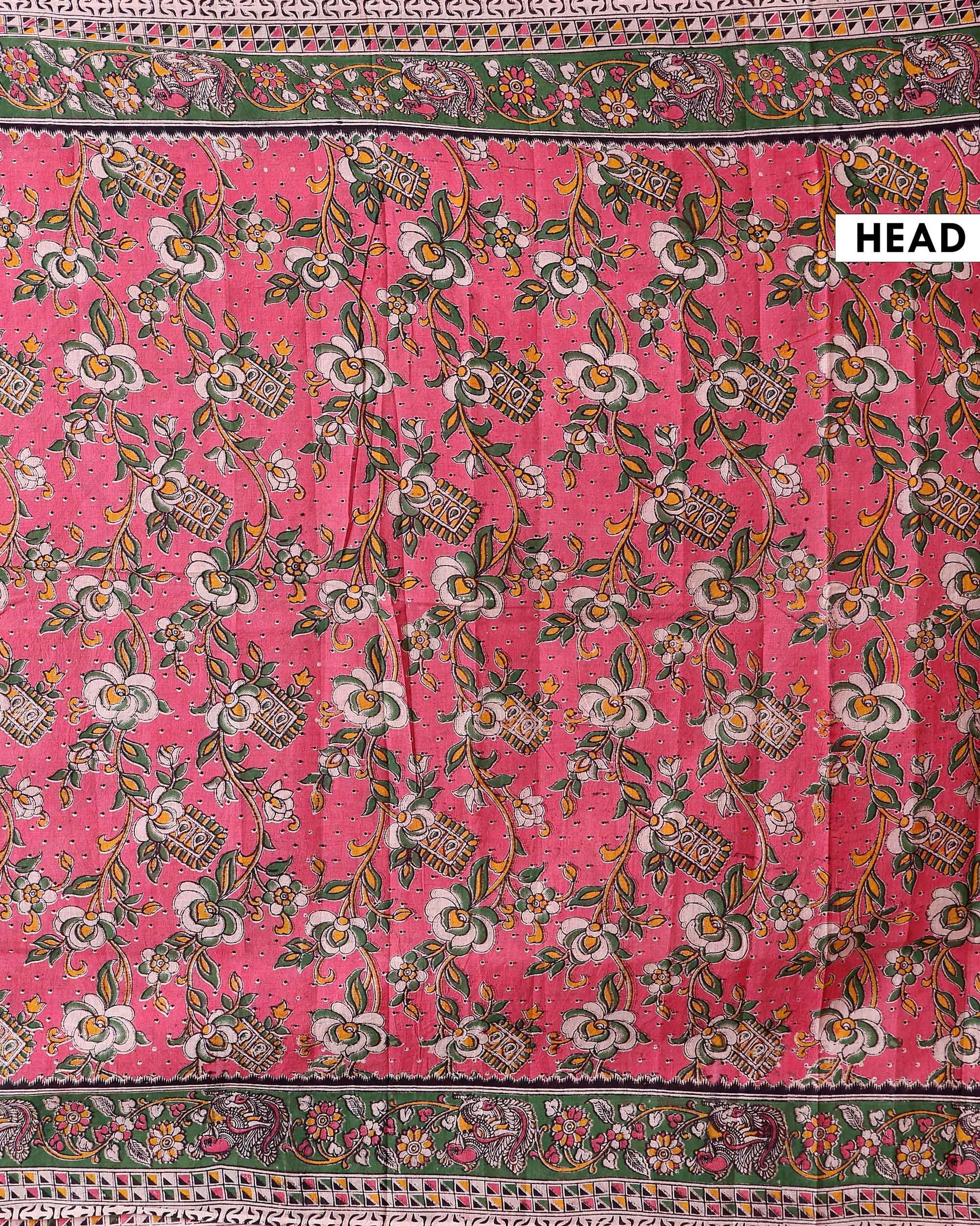 Handcrafted Kalamkari Cotton Saree with Floral Prints and Traditional Border - Light Red