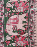 Handcrafted Kalamkari Cotton Saree with Floral Prints and Traditional Border - Light Red