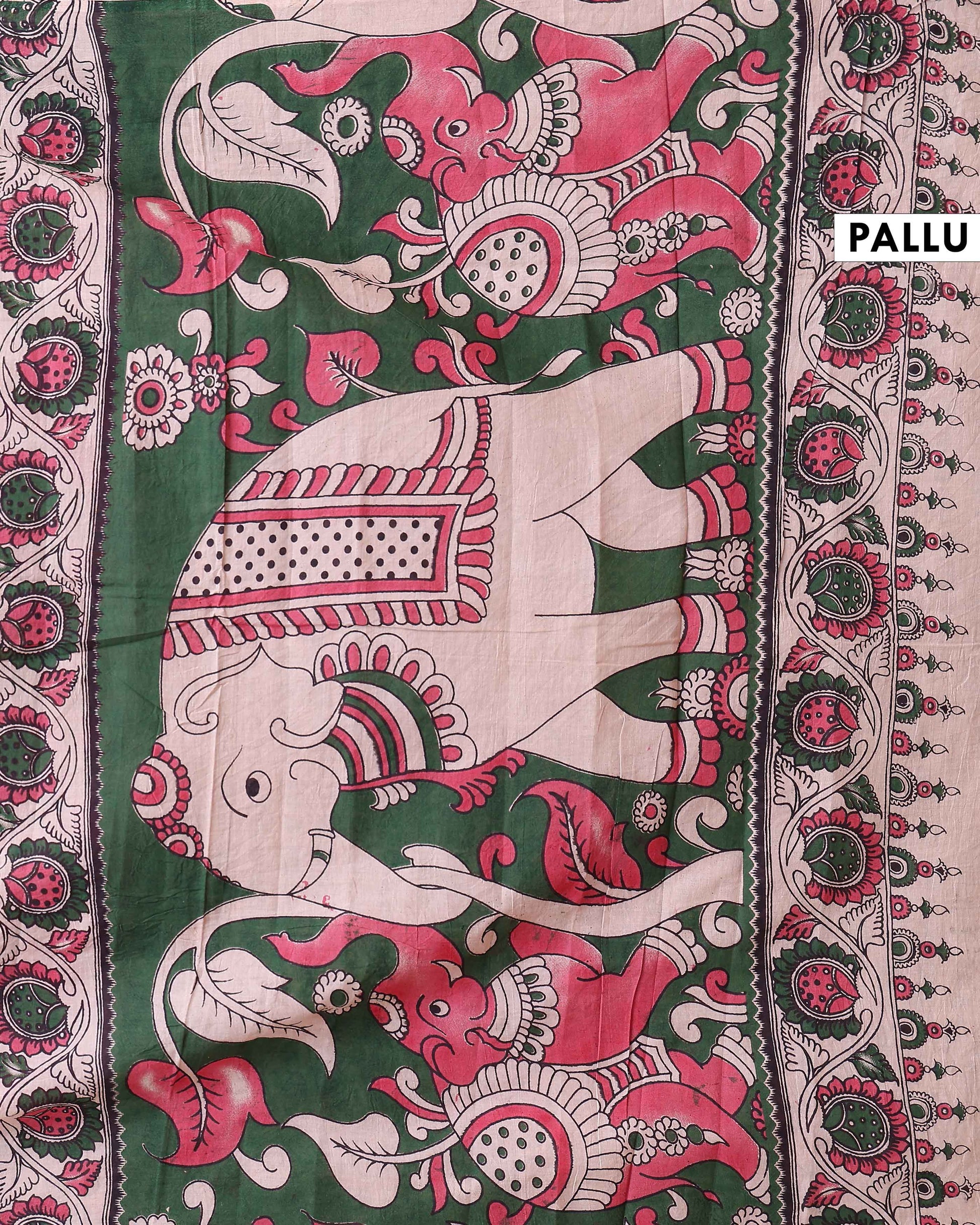 Handcrafted Kalamkari Cotton Saree with Floral Prints and Traditional Border - Light Red