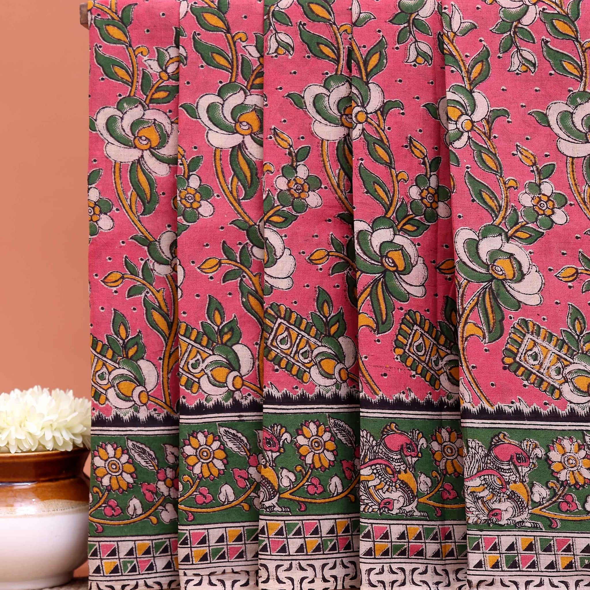 Handcrafted Kalamkari Cotton Saree with Floral Prints and Traditional Border - Light Red