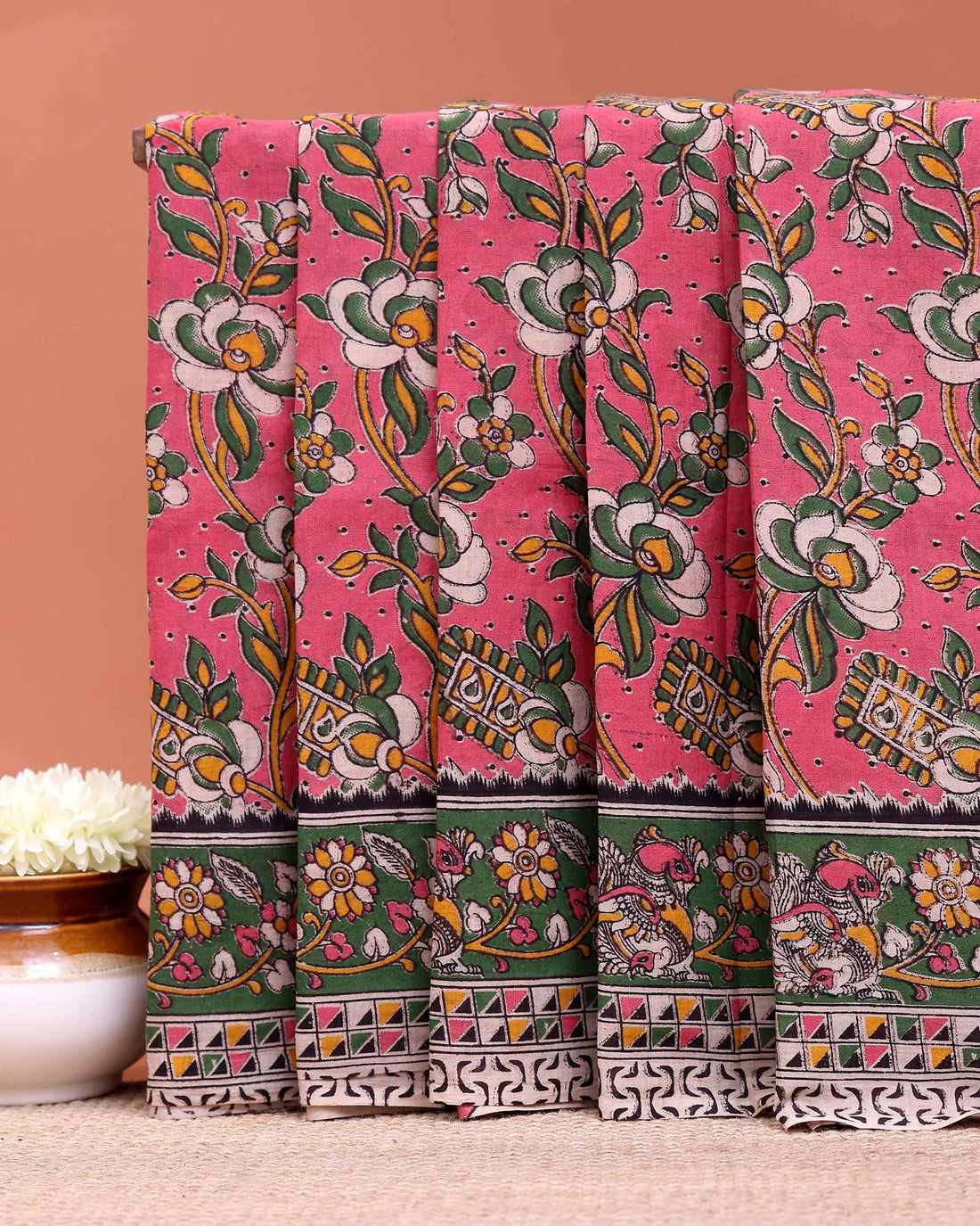 Handcrafted Kalamkari Cotton Saree with Floral Prints and Traditional Border - Light Red