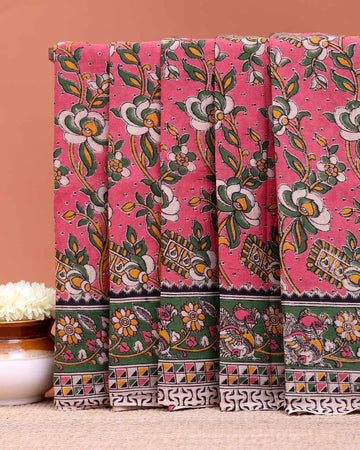 Handcrafted Kalamkari Cotton Saree with Floral Prints and Traditional Border - Light Red