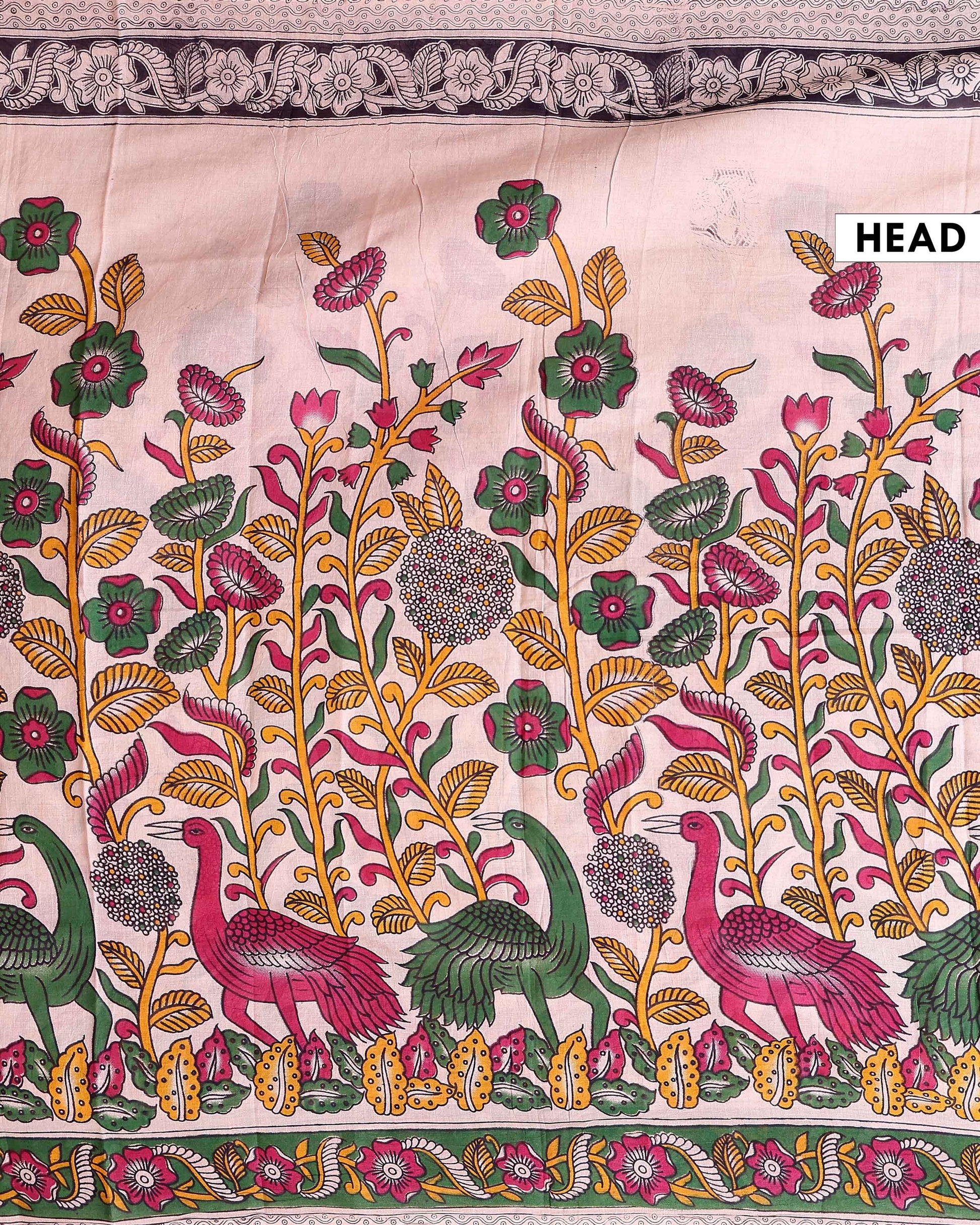 Handcrafted Kalamkari Cotton Saree with Traditional Bird and Floral Motif Design - Cream