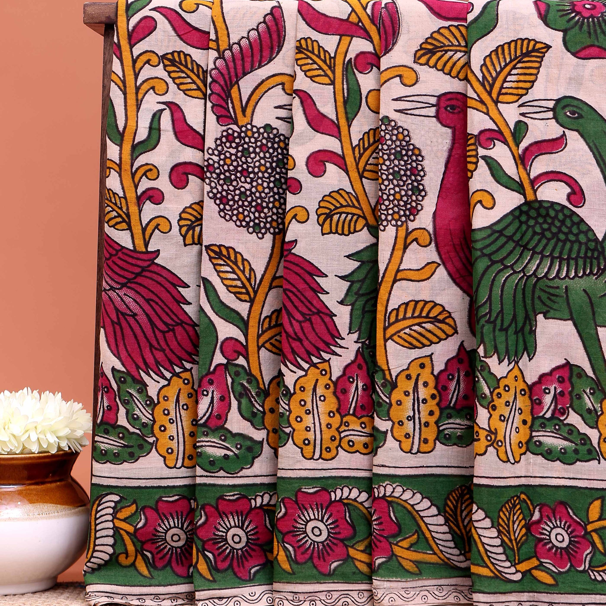 Handcrafted Kalamkari Cotton Saree with Traditional Bird and Floral Motif Design - Cream