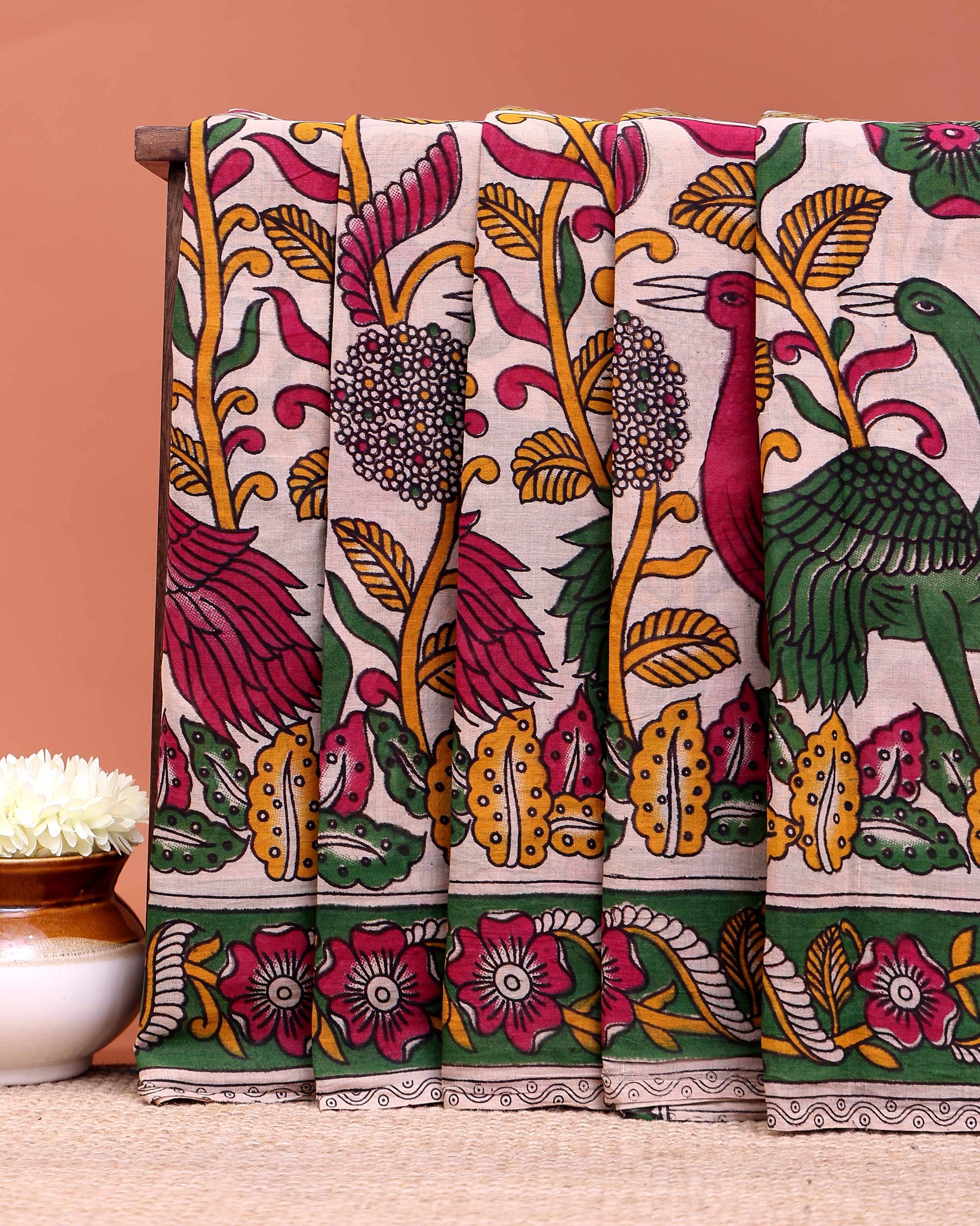 Handcrafted Kalamkari Cotton Saree with Traditional Bird and Floral Motif Design - Cream