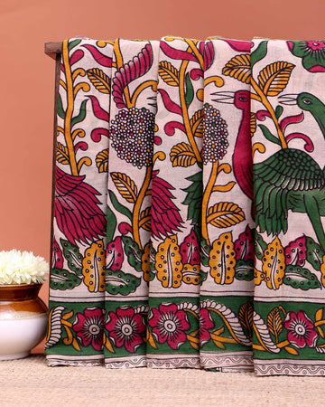 Handcrafted Kalamkari Cotton Saree with Traditional Bird and Floral Motif Design - Cream