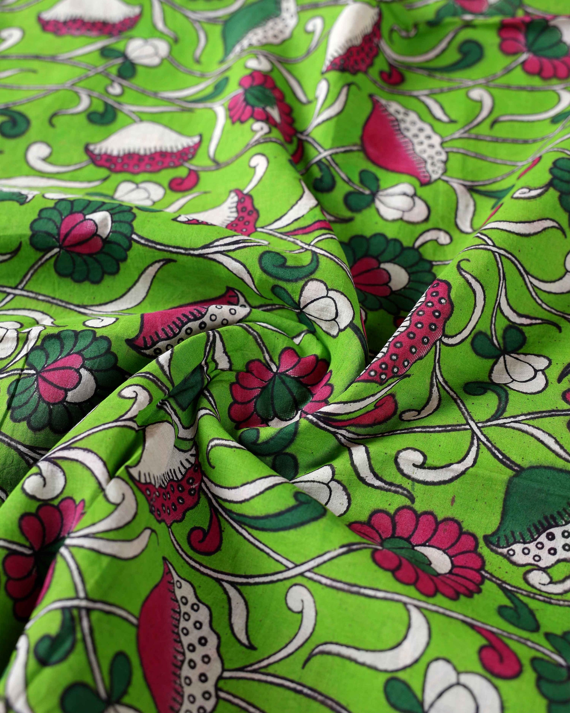 Handcrafted Kalamkari Cotton Saree with Traditional Floral & Avian Motifs  - Green-Close