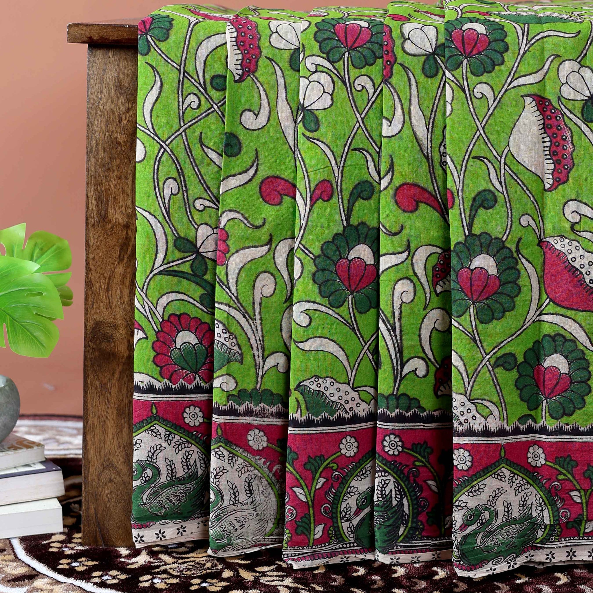 Handcrafted Kalamkari Cotton Saree with Traditional Floral & Avian Motifs  - Green