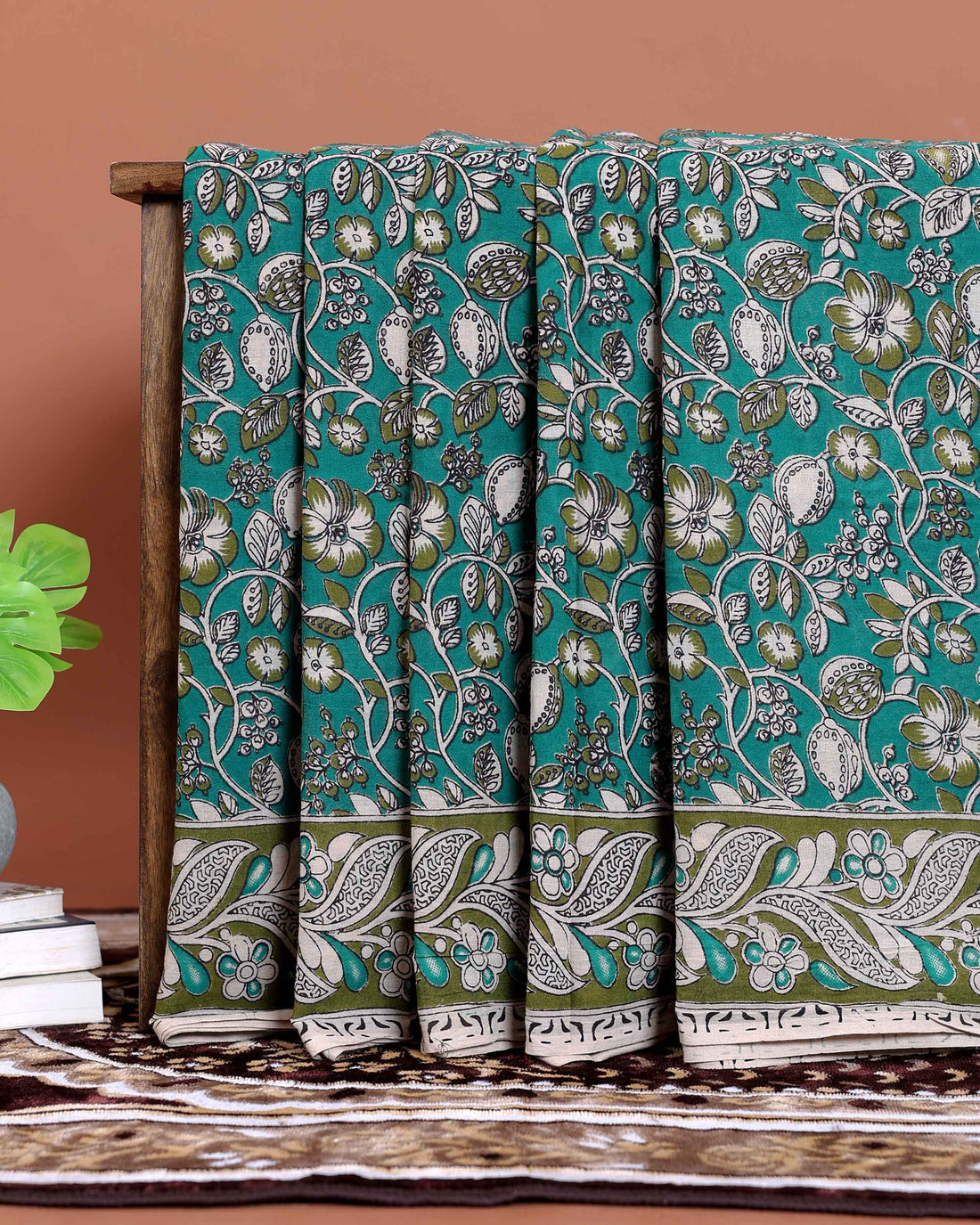 Handcrafted Kalamkari Cotton Saree with Traditional Floral Motifs - Green