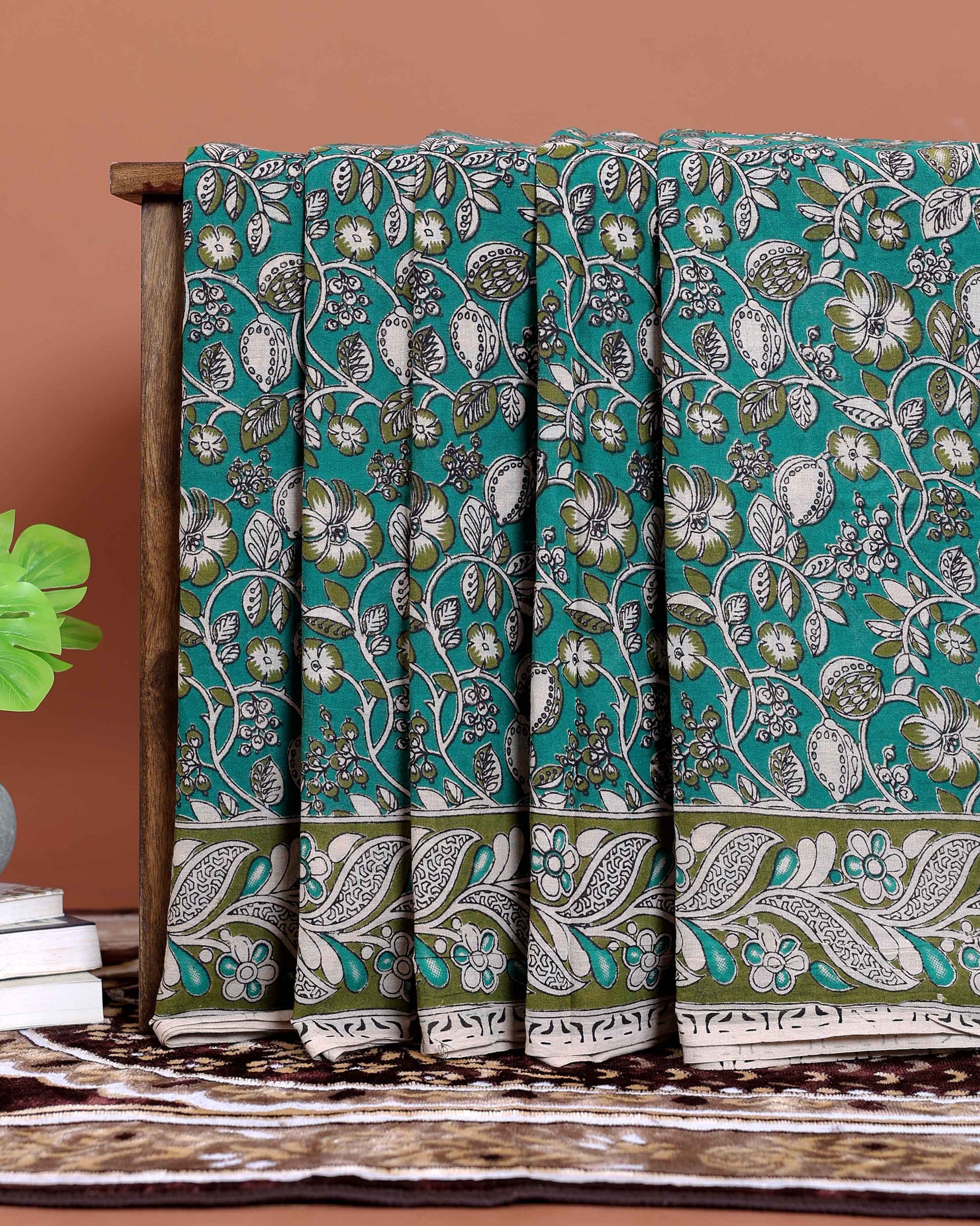 Handcrafted Kalamkari Cotton Saree with Traditional Floral Motifs - Green