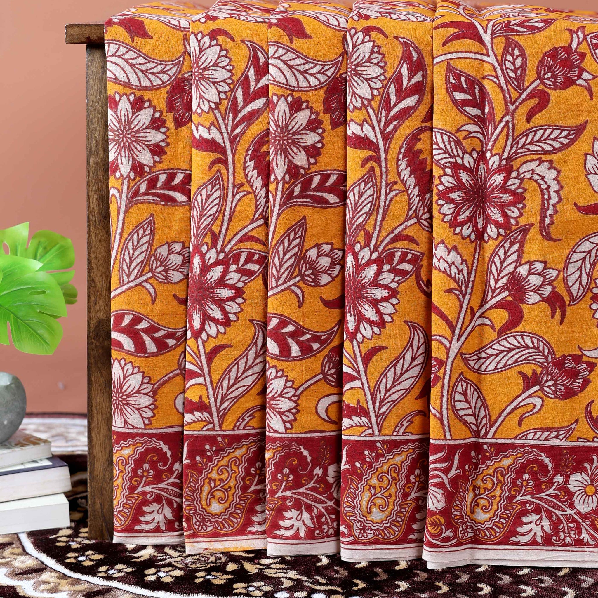 Handcrafted Kalamkari Cotton Saree with Traditional Floral Motifs - Orange