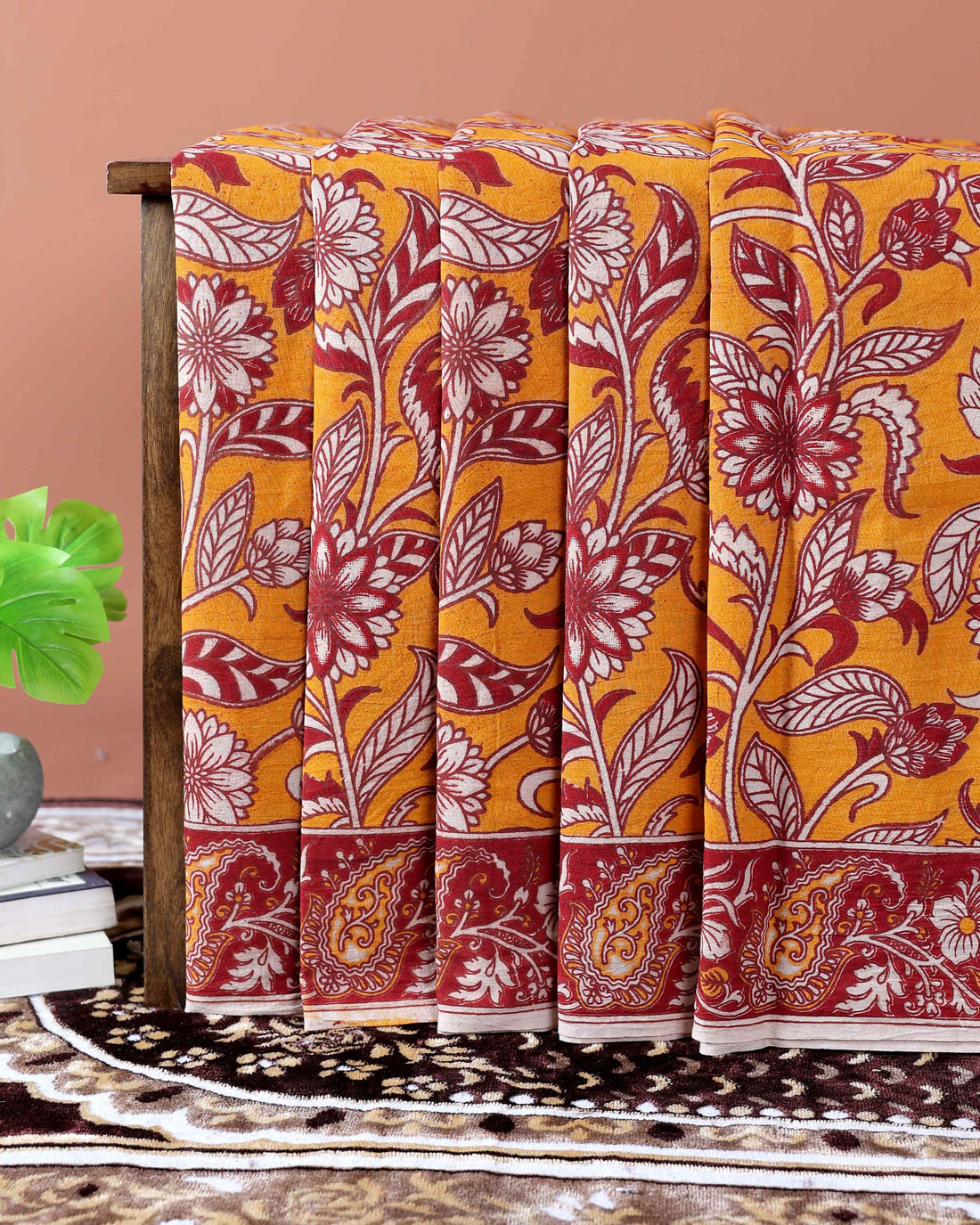 Handcrafted Kalamkari Cotton Saree with Traditional Floral Motifs - Orange