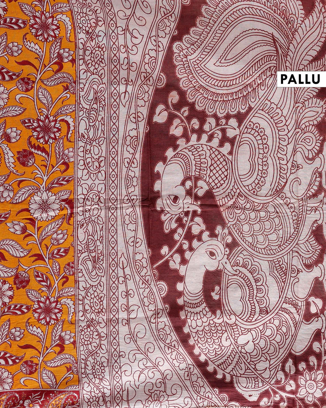 Handcrafted Kalamkari Cotton Saree with Traditional Floral Motifs - Orange