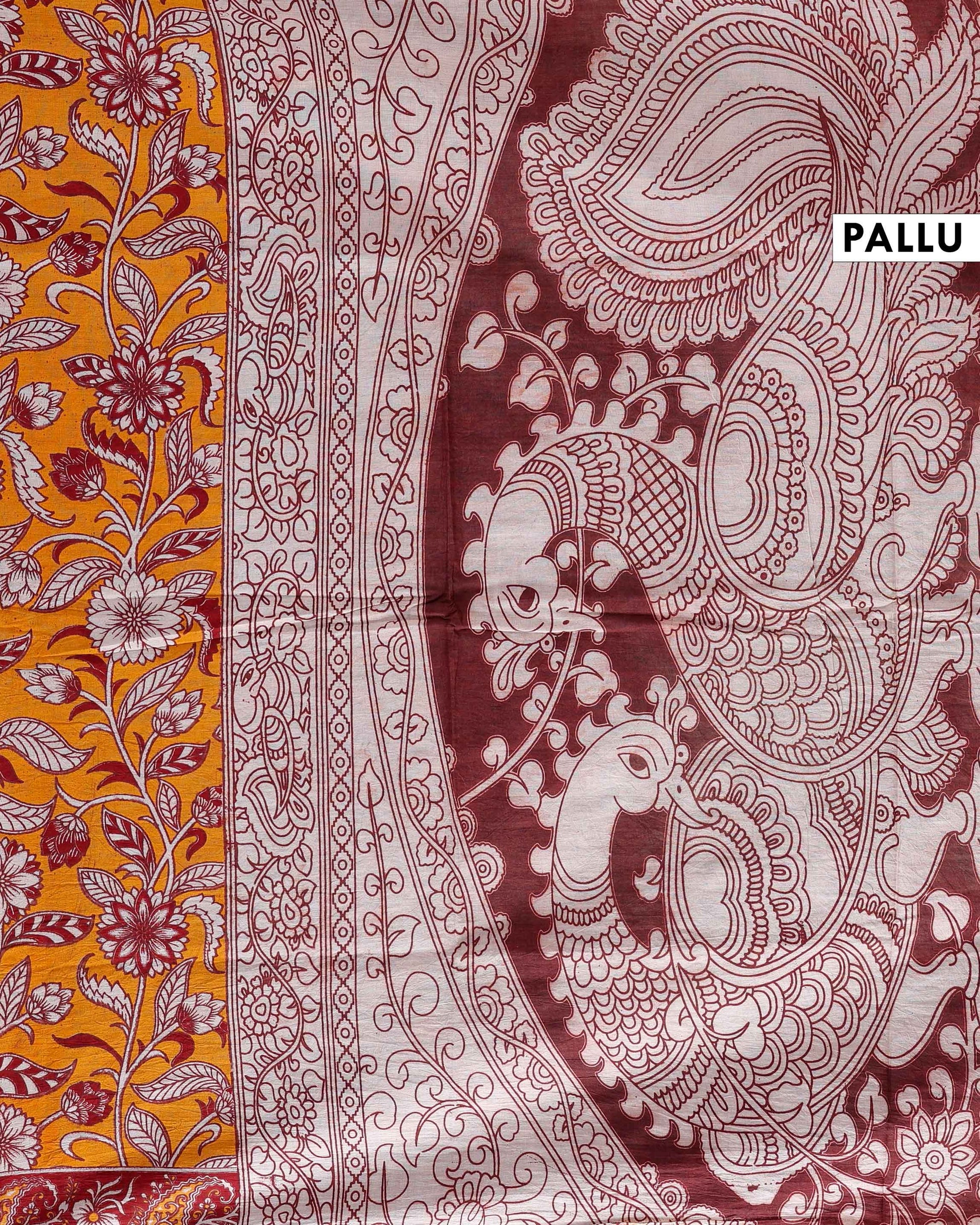 Handcrafted Kalamkari Cotton Saree with Traditional Floral Motifs - PALLU