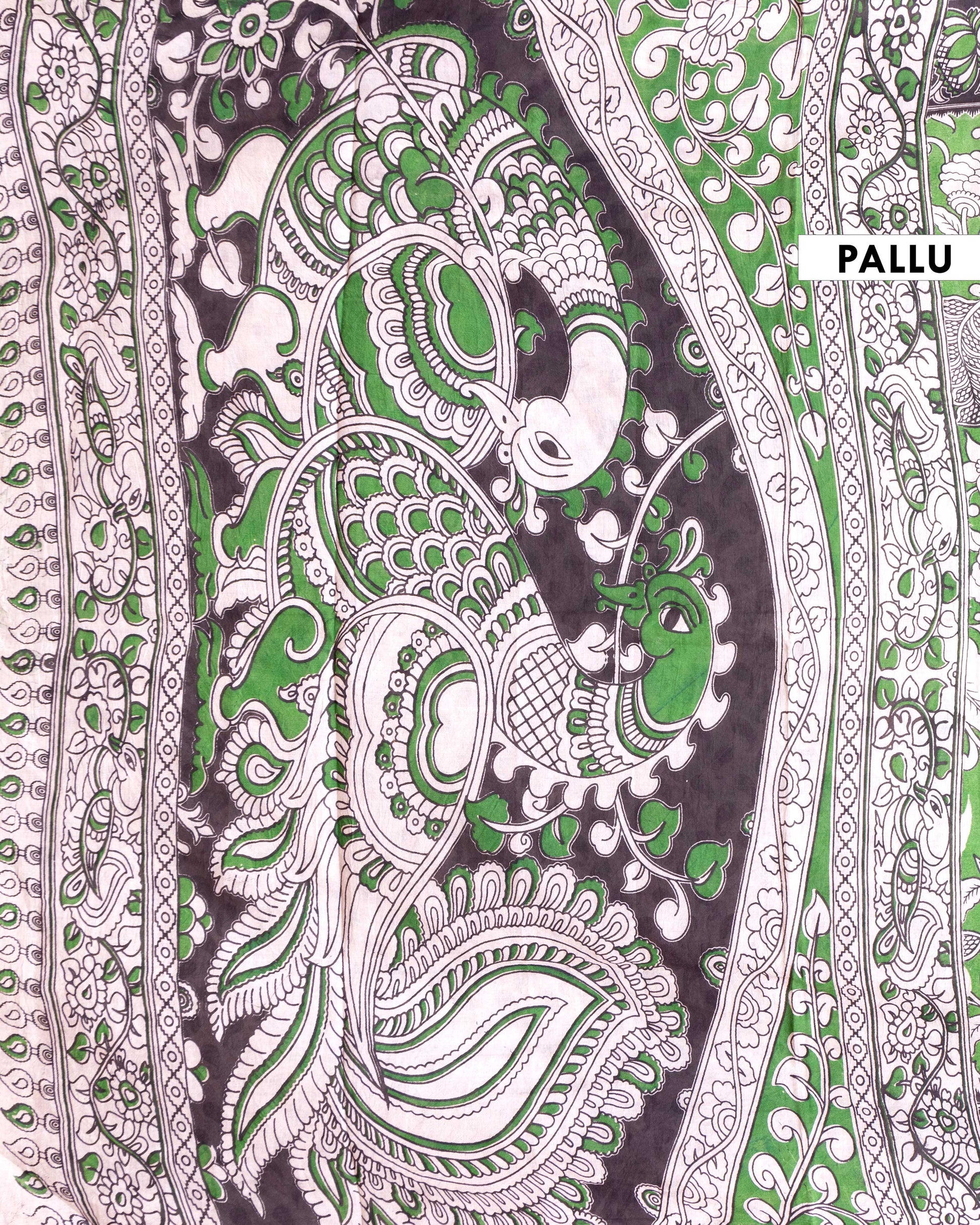 Handcrafted Kalamkari Cotton Saree with Traditional Floral and Leafy Motifs - Green-pallu