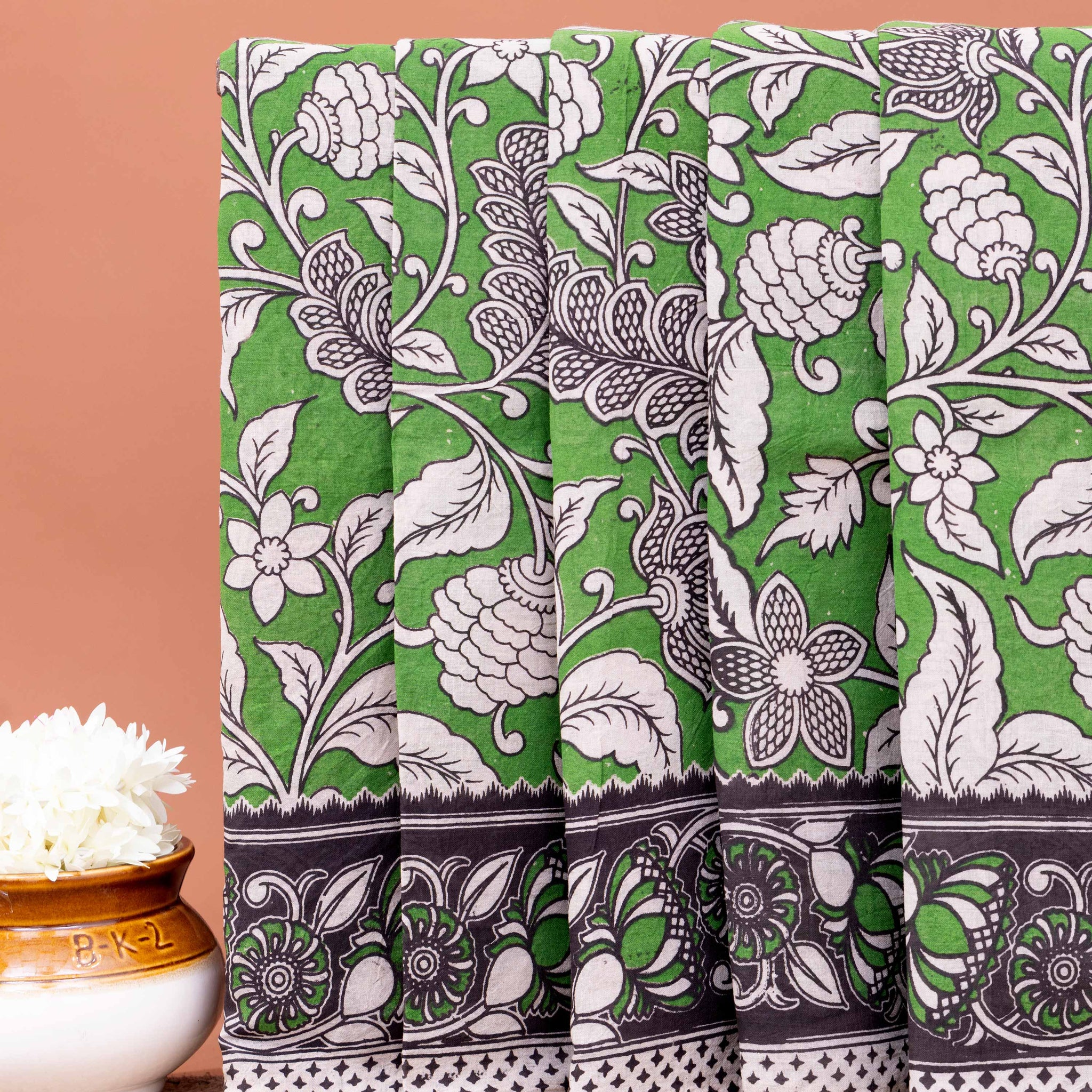 Handcrafted Kalamkari Cotton Saree with Traditional Floral and Leafy Motifs - Green