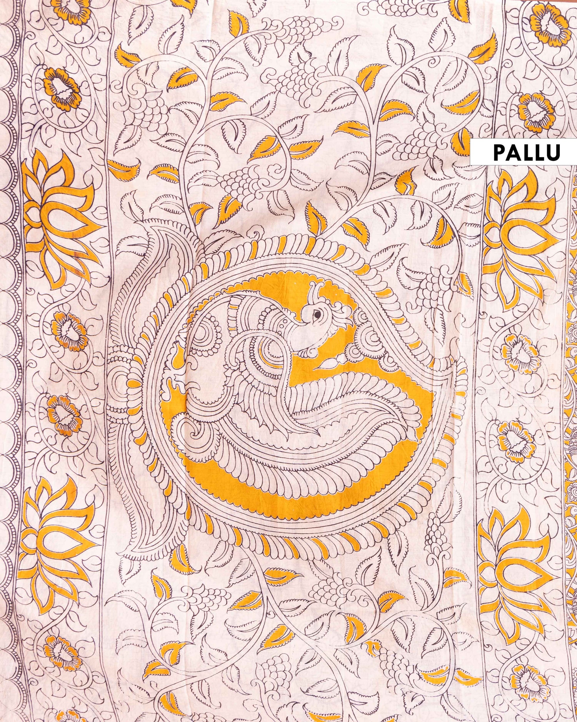 Handcrafted Kalamkari Cotton Saree with Traditional Peacock Motif - Yellow