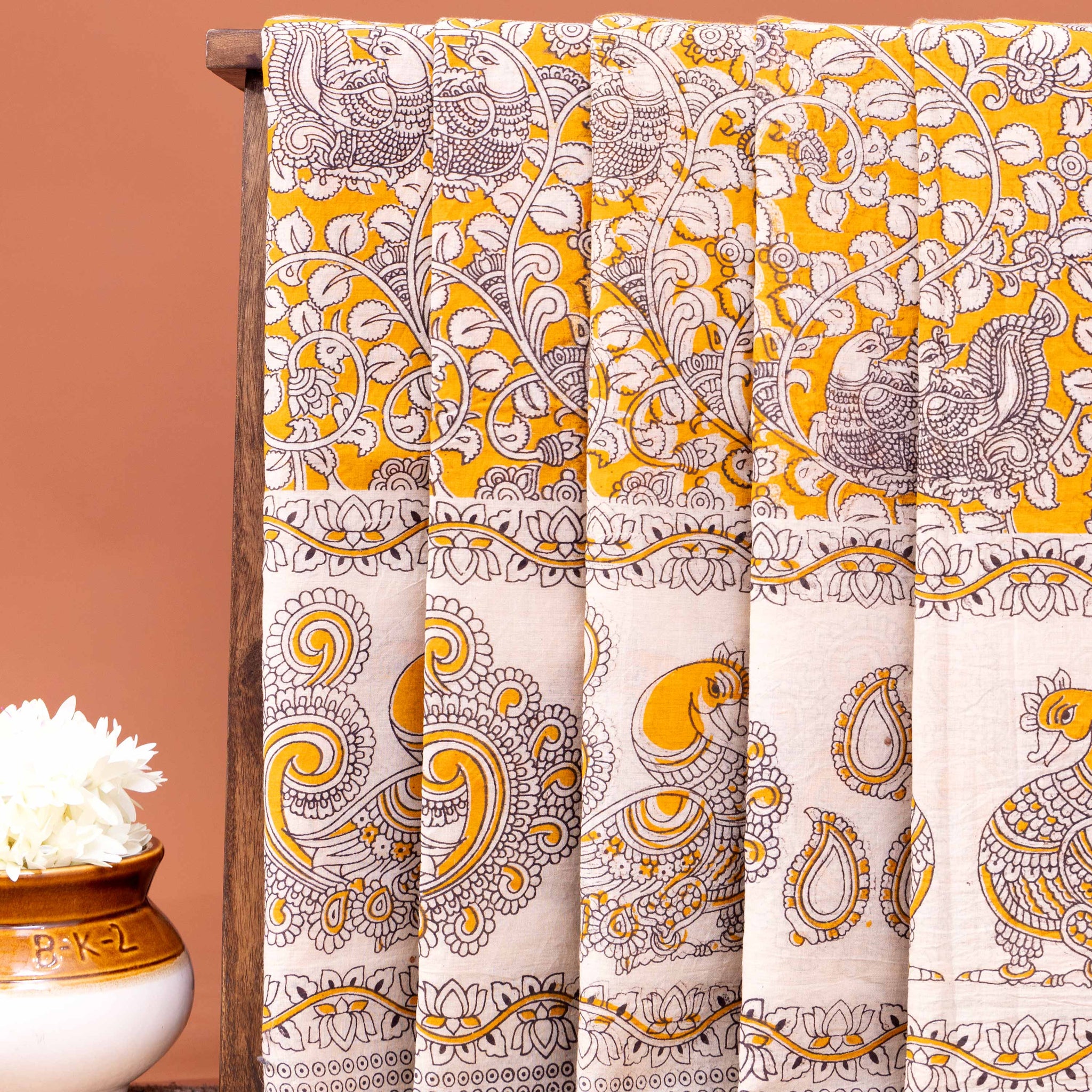 Handcrafted Kalamkari Cotton Saree with Traditional Peacock Motif - Yellow