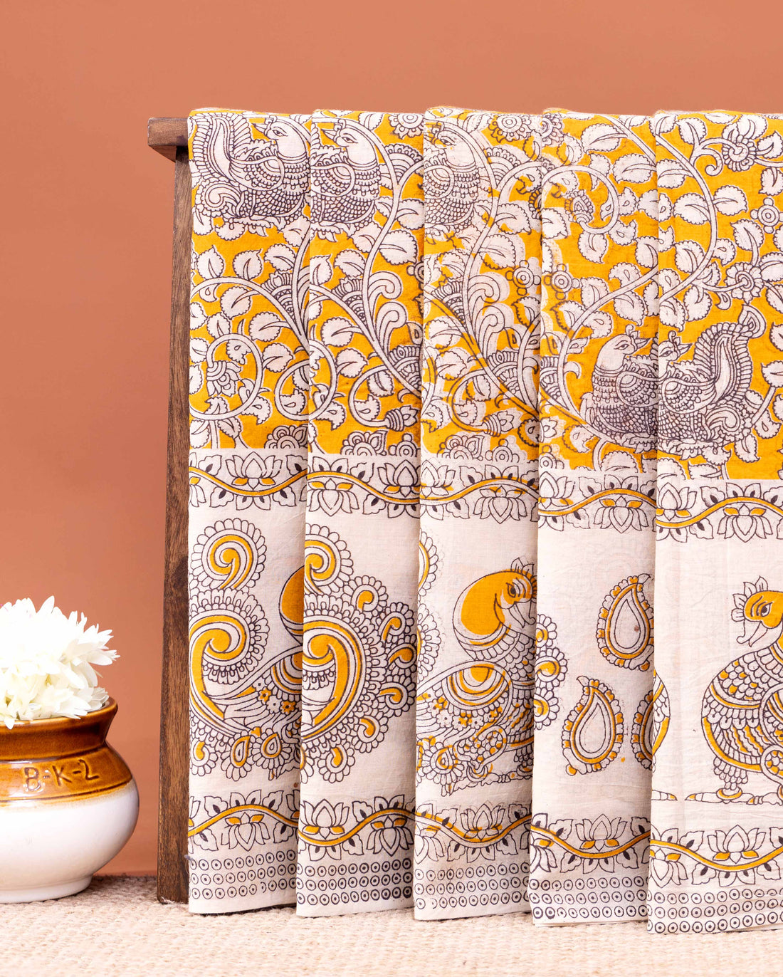 Handcrafted Kalamkari Cotton Saree with Traditional Peacock Motif - Yellow