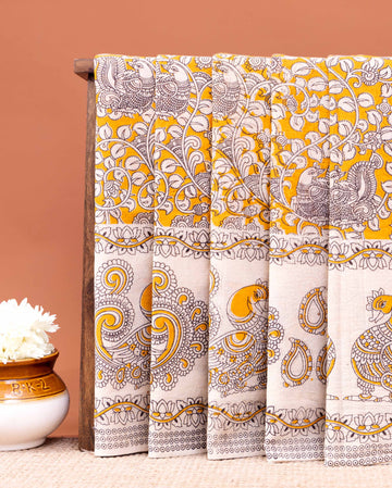 Handcrafted Kalamkari Cotton Saree with Traditional Peacock Motif - Yellow
