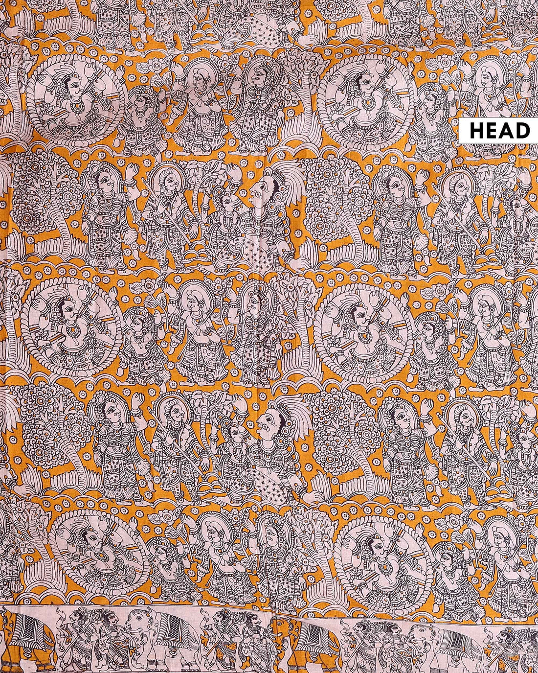 Handcrafted Kalamkari Cotton Saree with Traditional Village and Elephant Border - Yellow