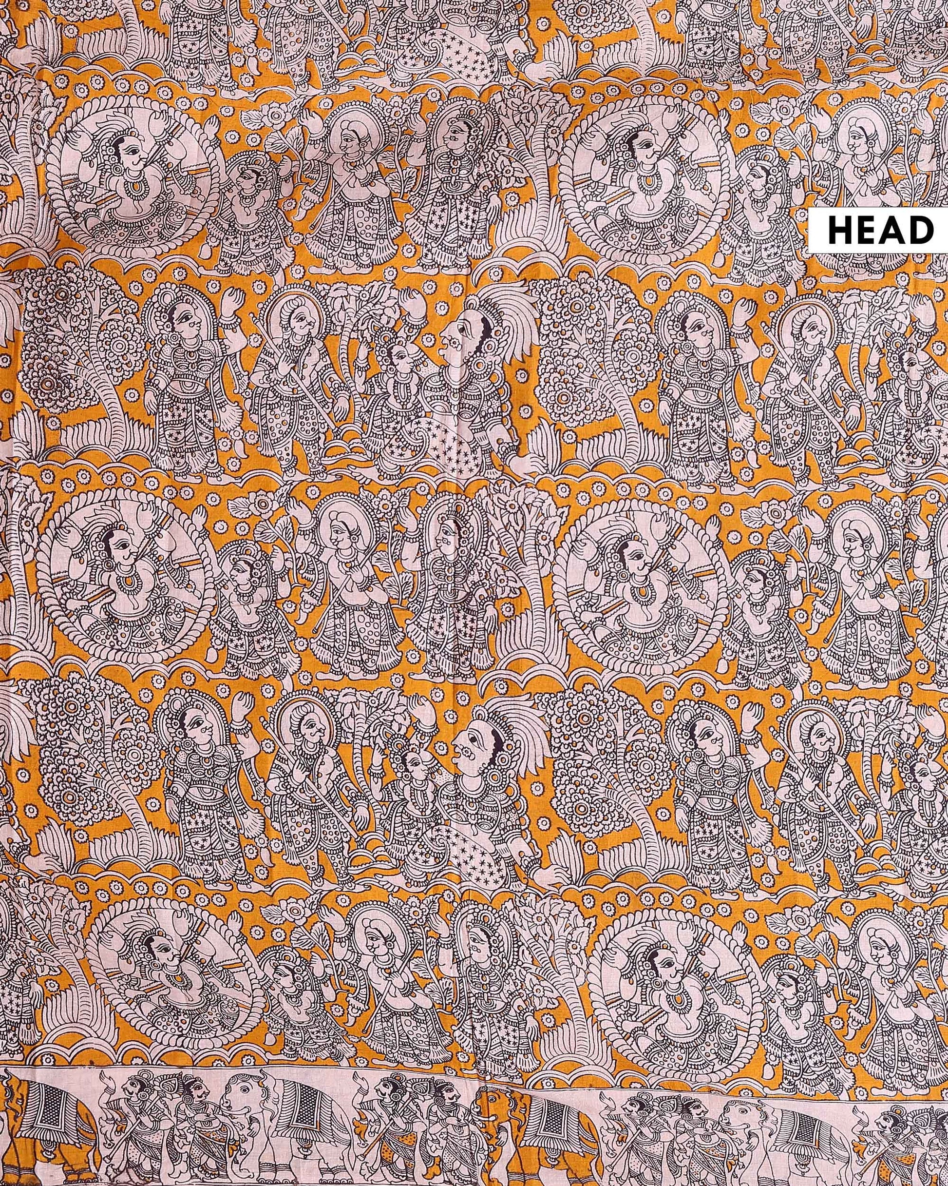 Handcrafted Kalamkari Cotton Saree with Traditional Village and Elephant Border - Yellow