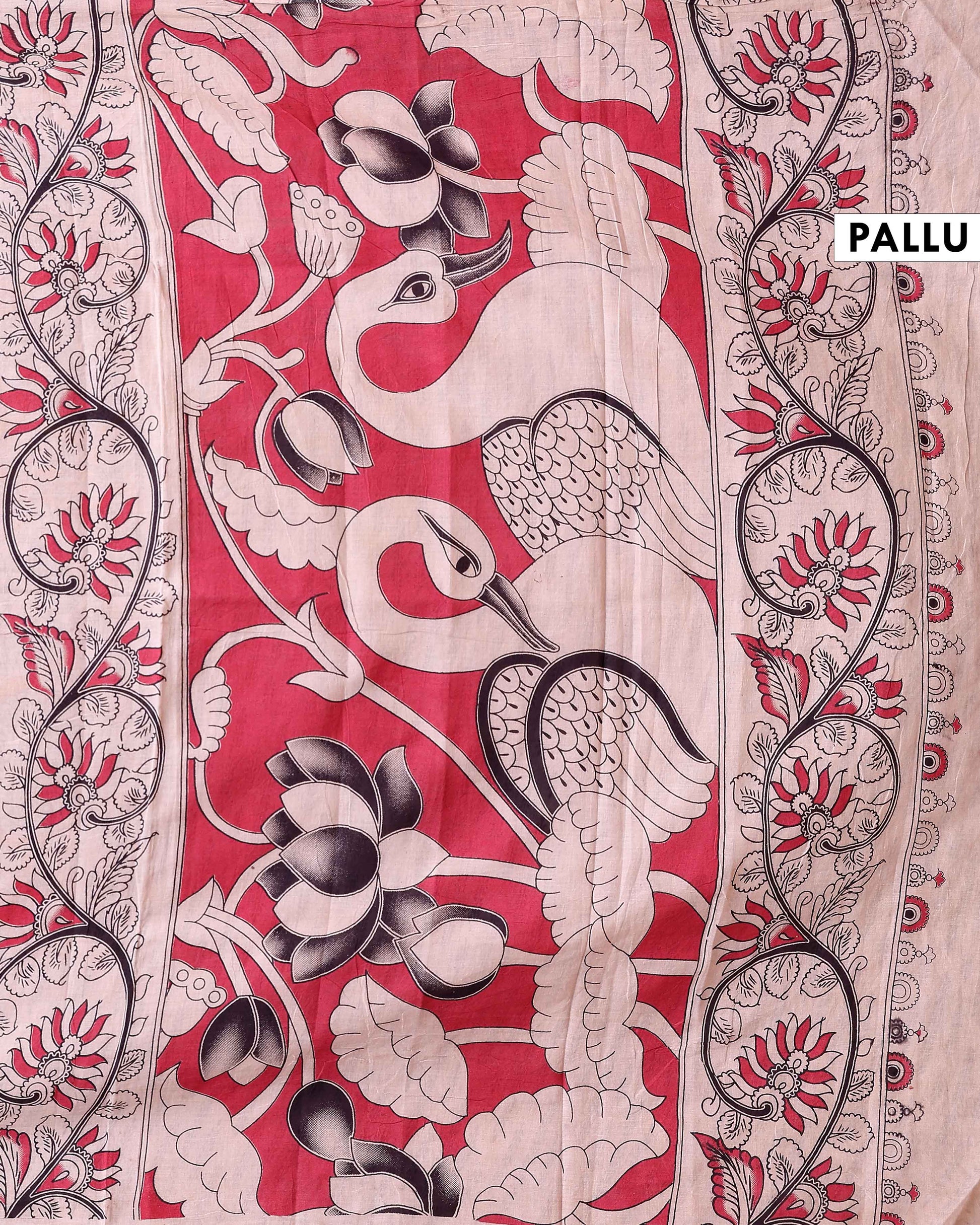 Handcrafted Kalamkari Cotton Saree with Traditional Village and Elephant Border - Yellow