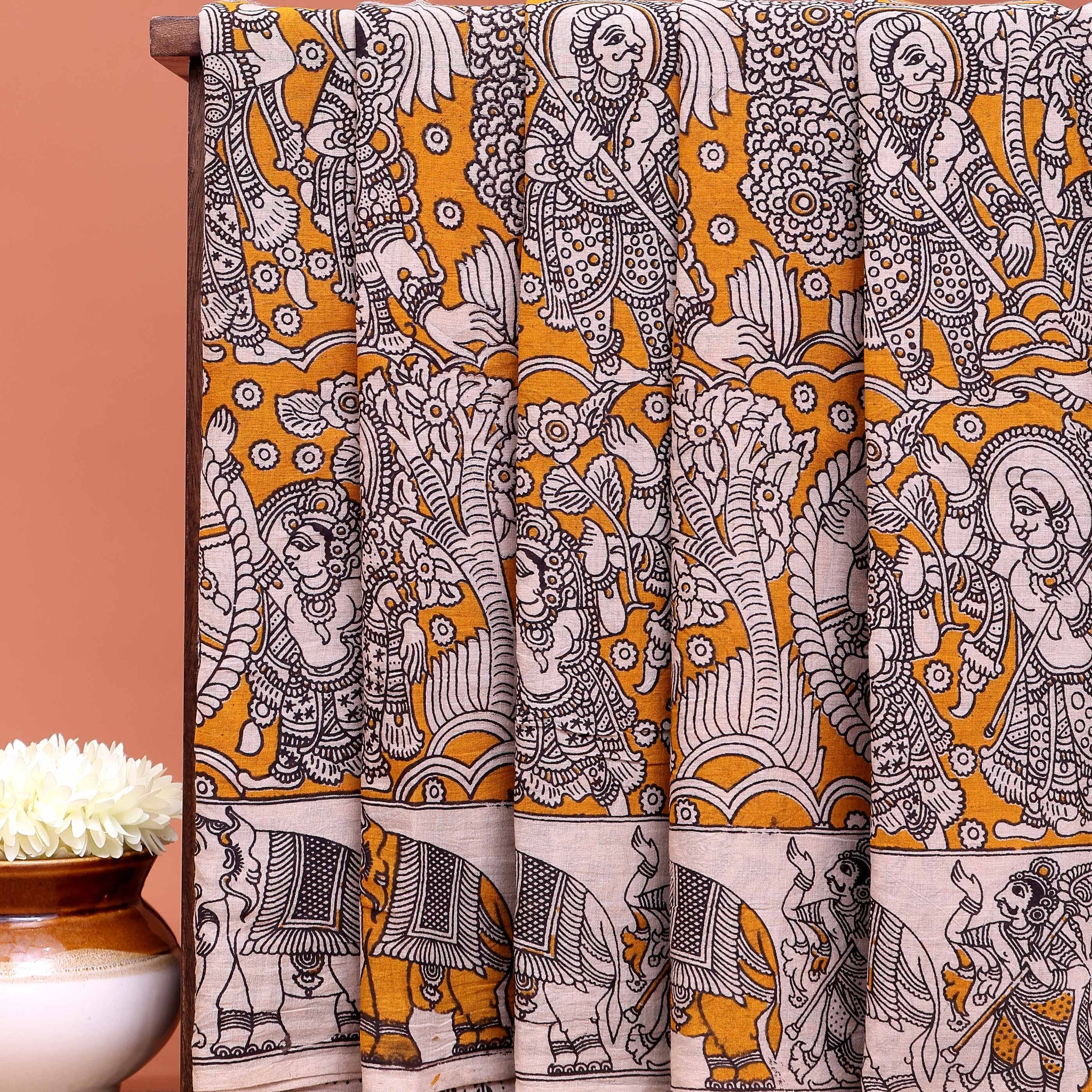 Handcrafted Kalamkari Cotton Saree with Traditional Village and Elephant Border - Yellow