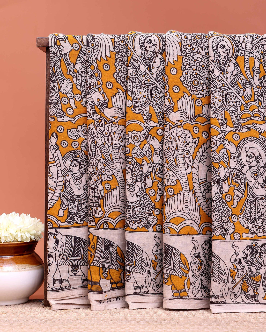 Handcrafted Kalamkari Cotton Saree with Traditional Village and Elephant Border - Yellow