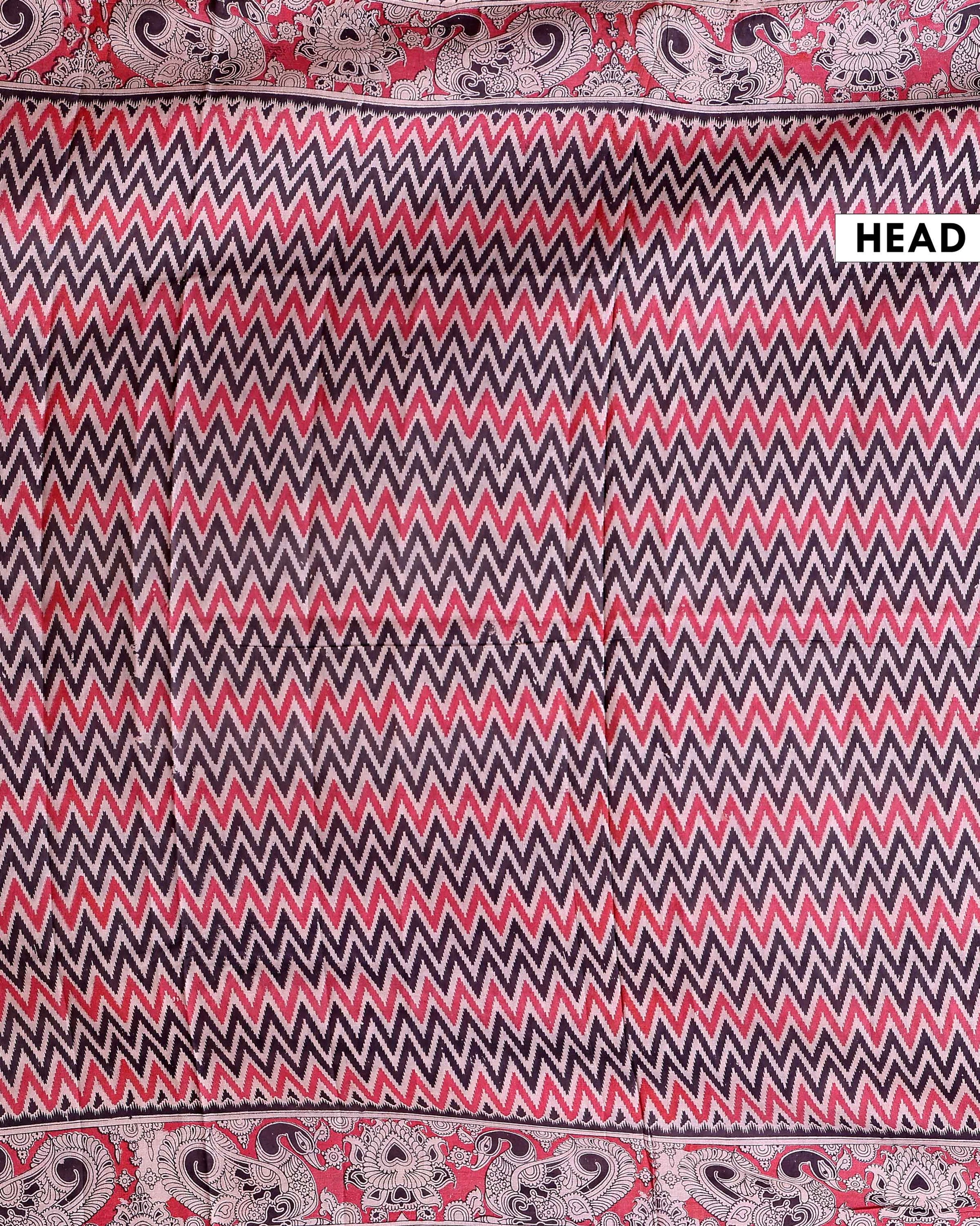 Handcrafted Kalamkari Cotton Saree with Zigzag Pattern and Paisley Border - Multi