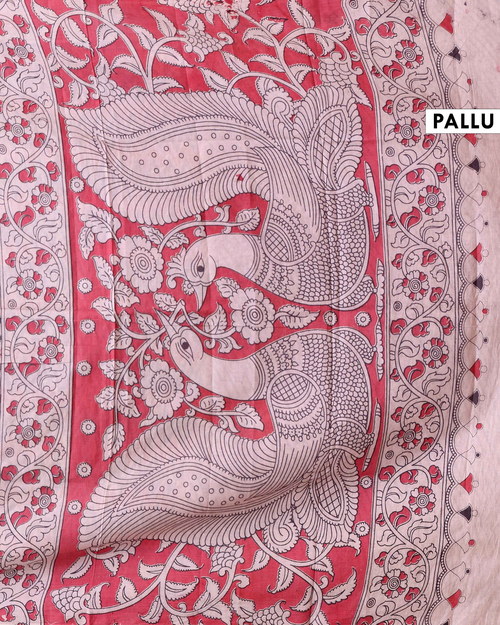 Handcrafted Kalamkari Cotton Saree with Zigzag Pattern and Paisley Border - Multi