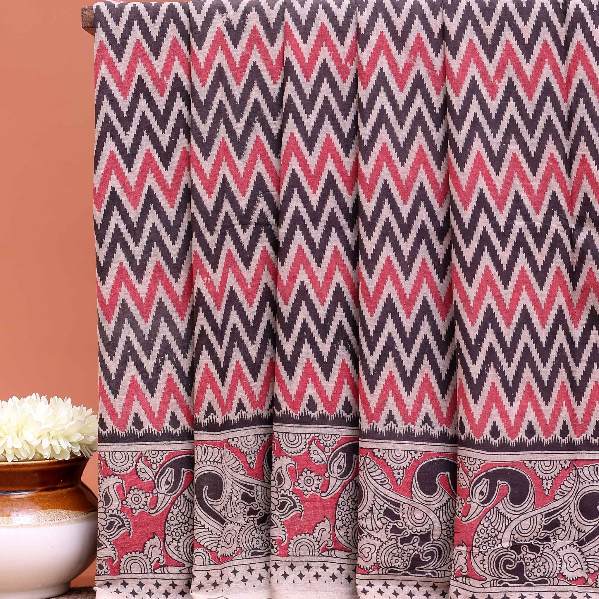 Handcrafted Kalamkari Cotton Saree with Zigzag Pattern and Paisley Border - Multi