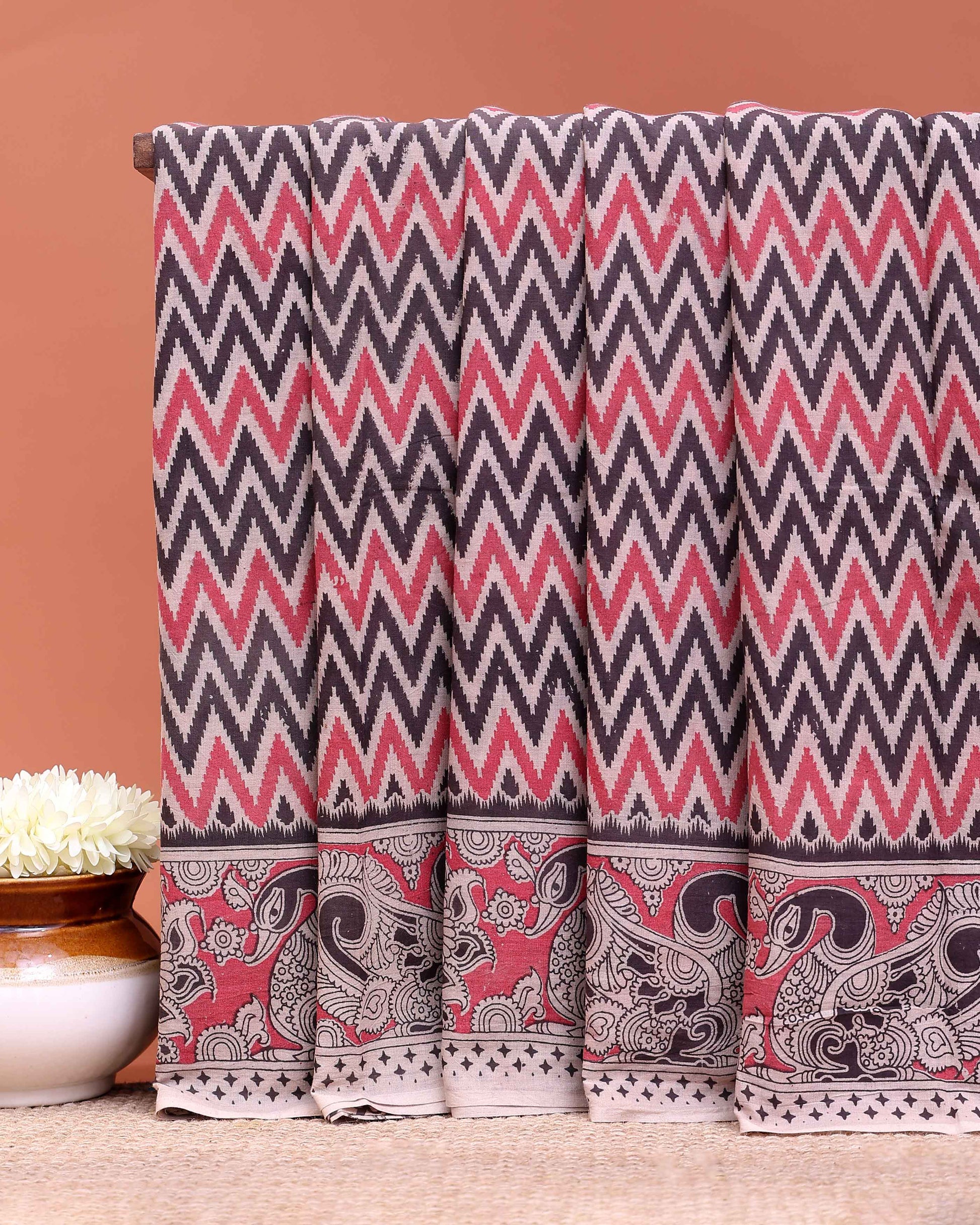 Handcrafted Kalamkari Cotton Saree with Zigzag Pattern and Paisley Border - Multi