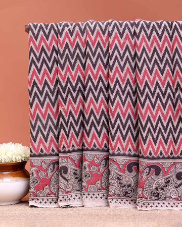 Handcrafted Kalamkari Cotton Saree with Zigzag Pattern and Paisley Border - Multi