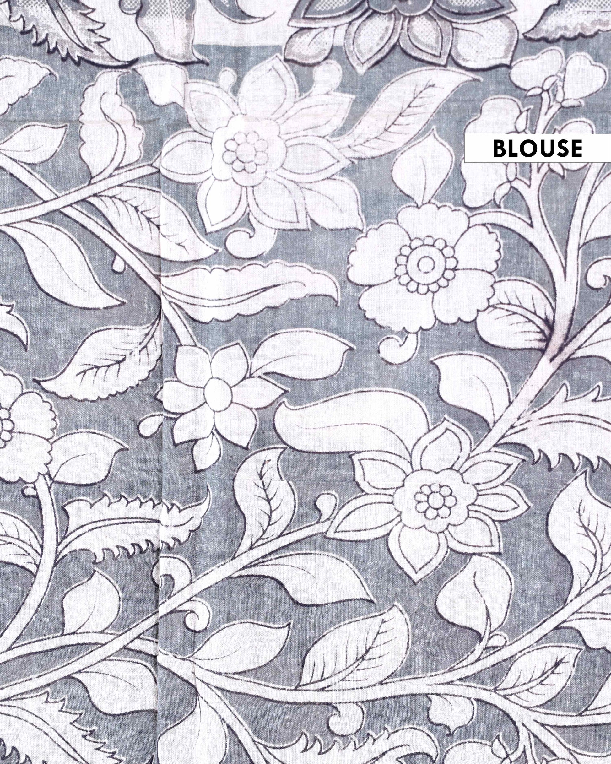 Handcrafted Kalamkari Print Pure Cotton Saree with Traditional Floral Motifs -  Blouse