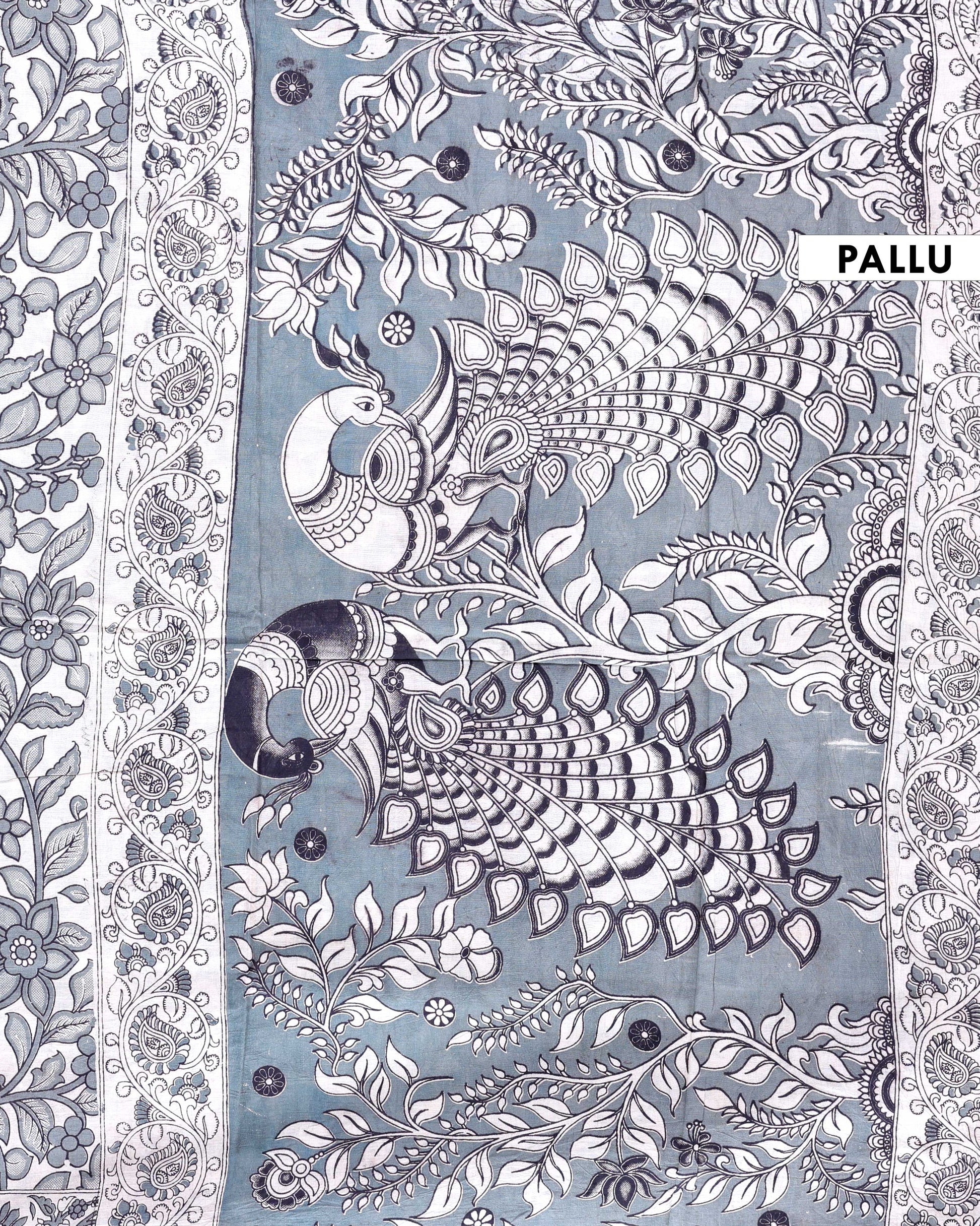 Handcrafted Kalamkari Print Pure Cotton Saree with Traditional Floral Motifs - Pallu