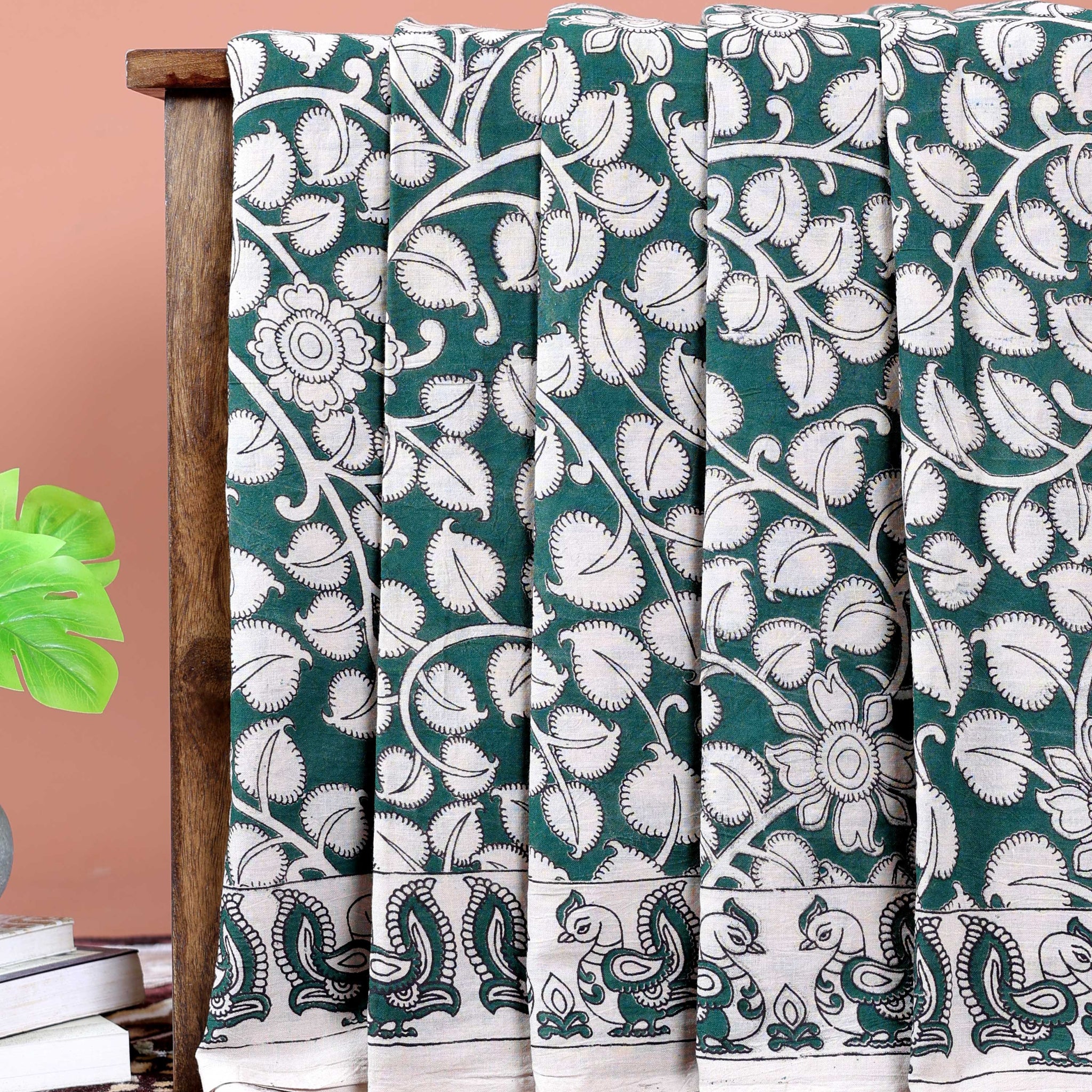 Handcrafted Kalamkari Pure Cotton Saree with Traditional Motifs - Dark Green