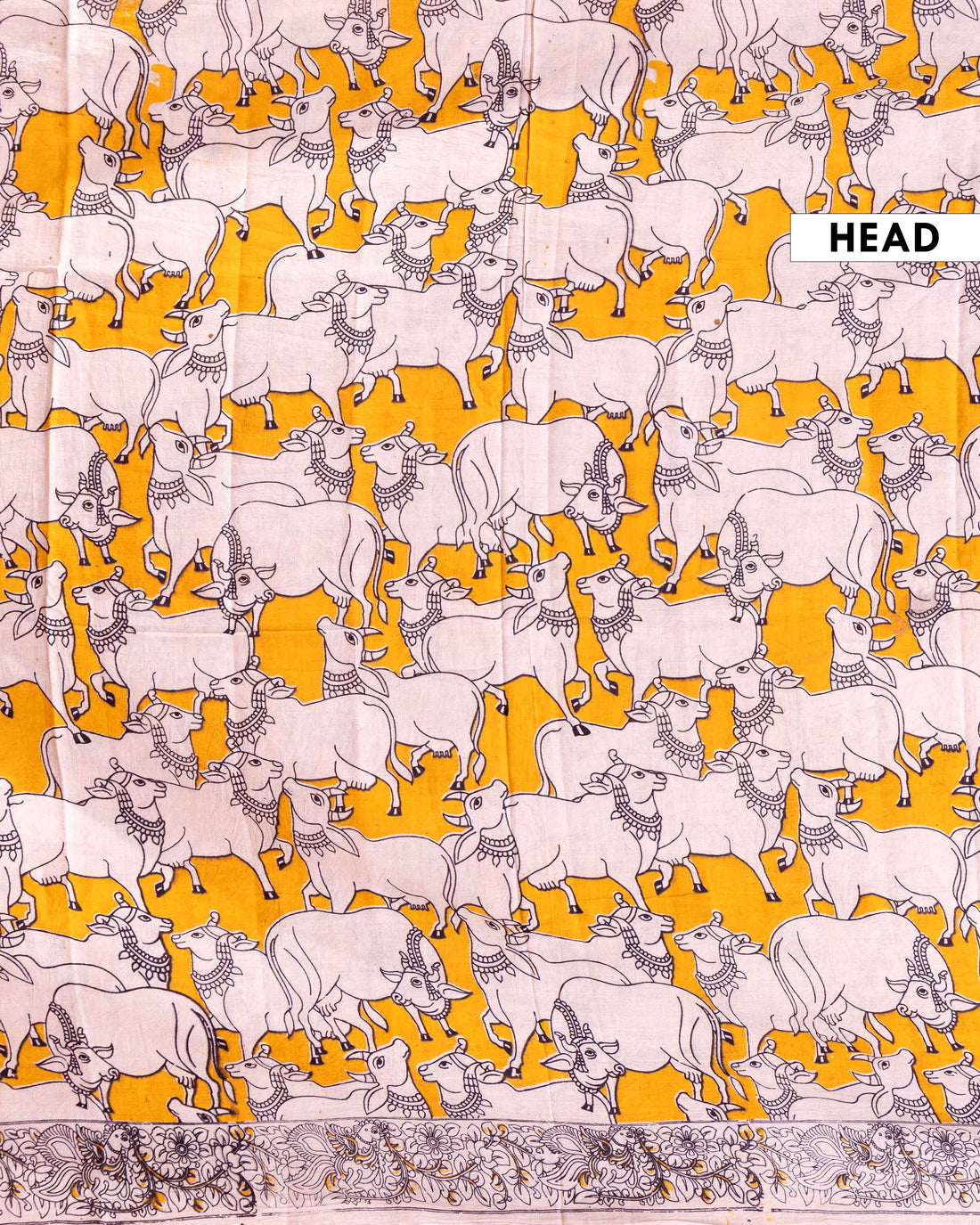 Handcrafted Kalamkari Saree with Cow and Intricate Border Patterns - Yellow