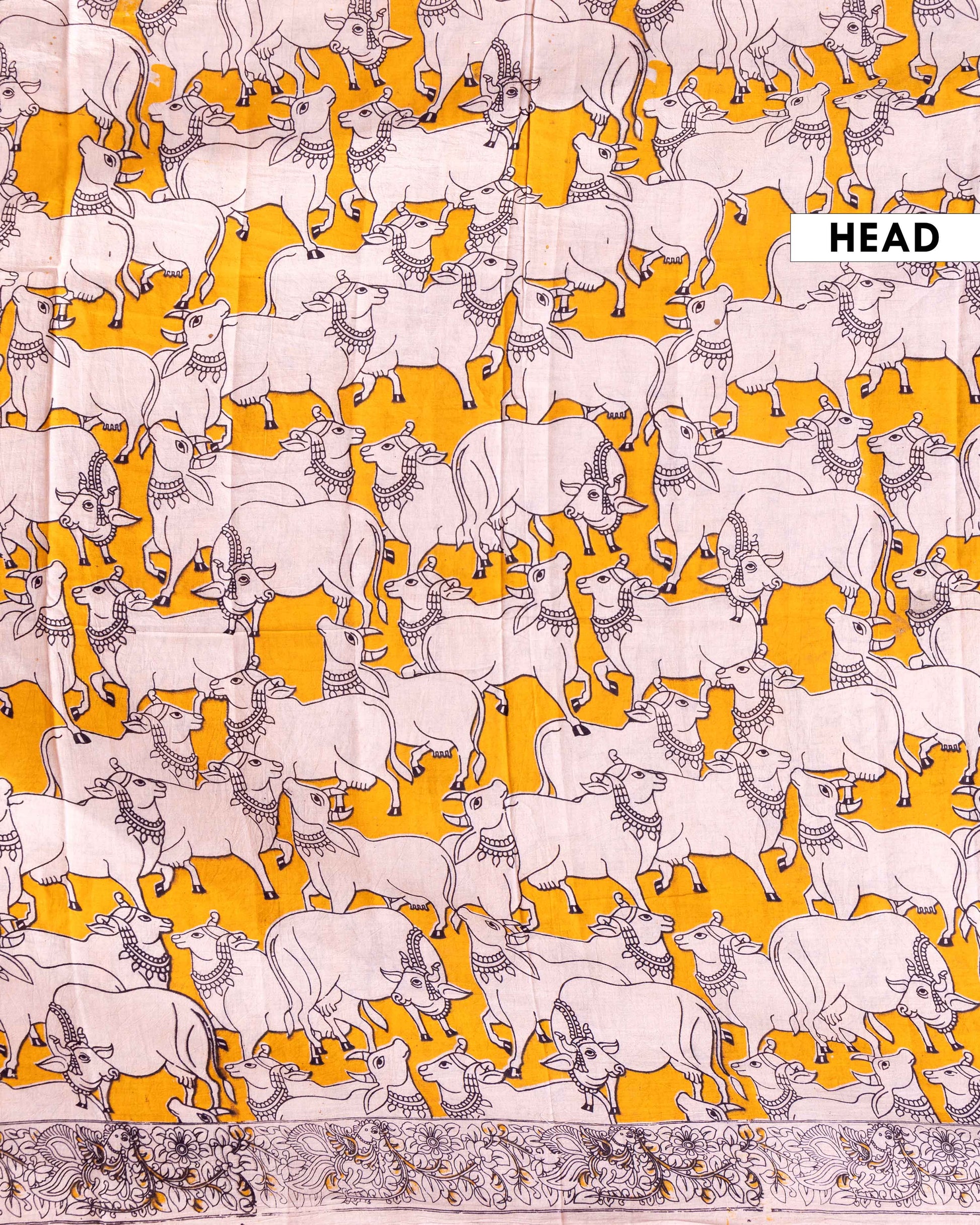 Handcrafted Kalamkari Saree with Cow and Intricate Border Patterns - Yellow