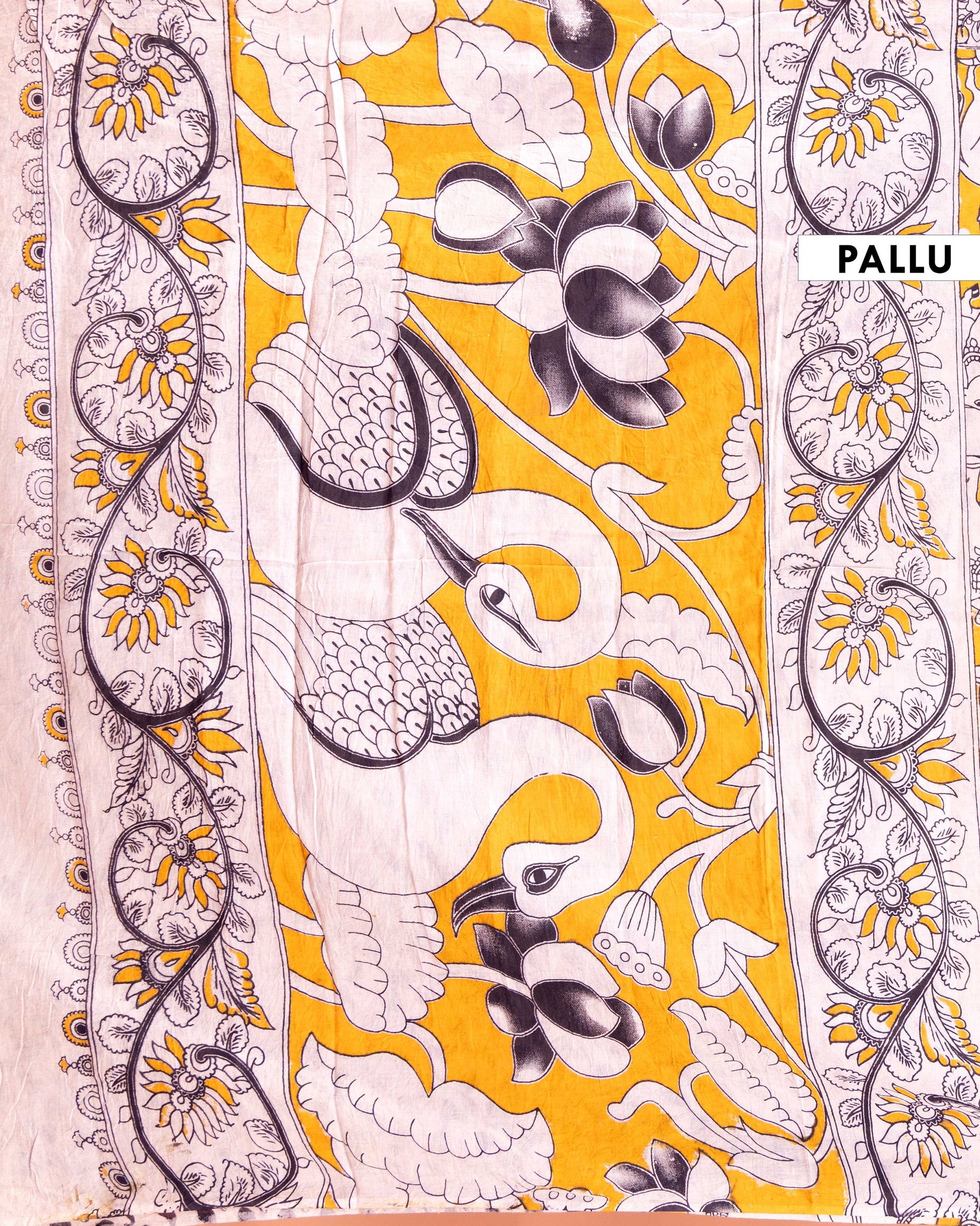 Handcrafted Kalamkari Saree with Cow and Intricate Border Patterns - Yellow